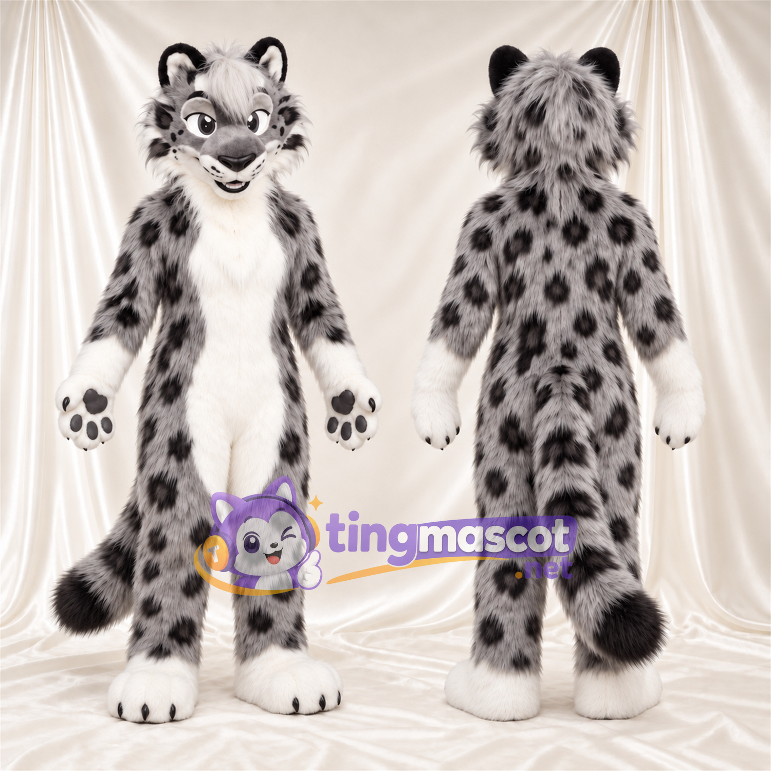Gray and White Snow Leopard Mascot Costume - Black Paw Pads and Rosette Spots Gray and White Snow Leopard Mascot Costume - Black Paw Pads and Rosette Spots