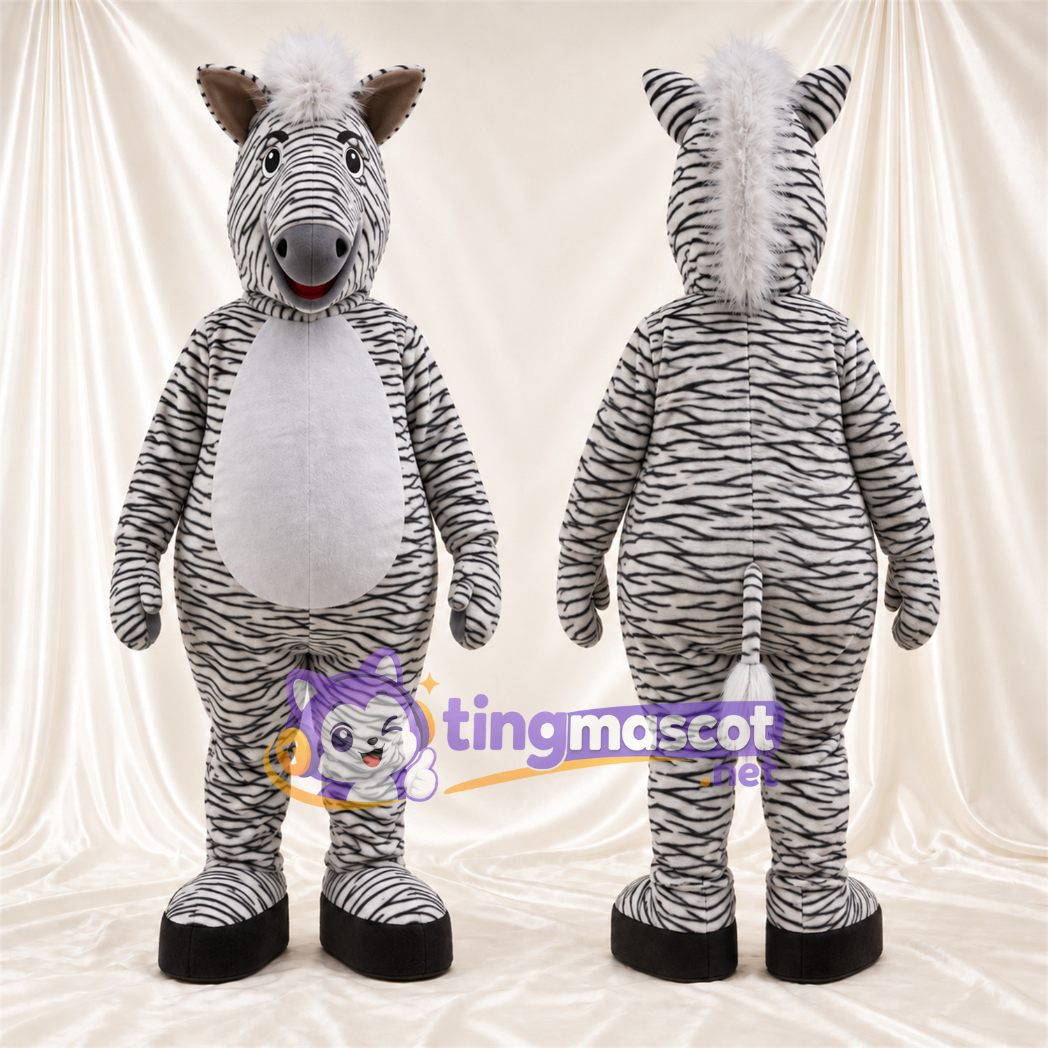 Costume de mascotte Zèbre – noir / blanc – Touffe de cheveux (blanc); Ventre (blanc) Costume de mascotte Zèbre – noir / blanc – Touffe de cheveux (blanc); Ventre (blanc)