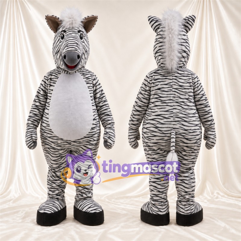 Costume de mascotte Zèbre – noir / blanc – Touffe de cheveux (blanc); Ventre (blanc)
