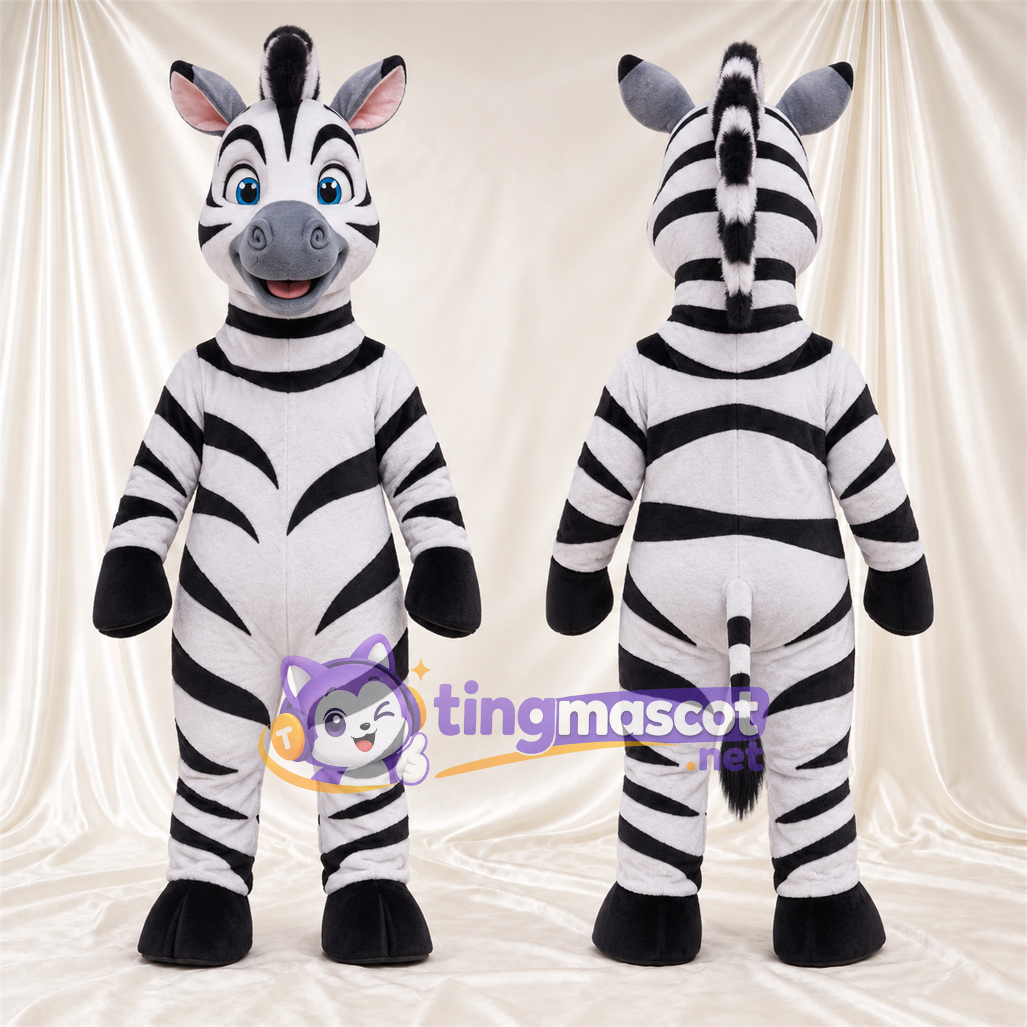 Black and White Zebra Mascot Costume - Blue Eyes and Broad Curved Stripes Black and White Zebra Mascot Costume - Blue Eyes and Broad Curved Stripes