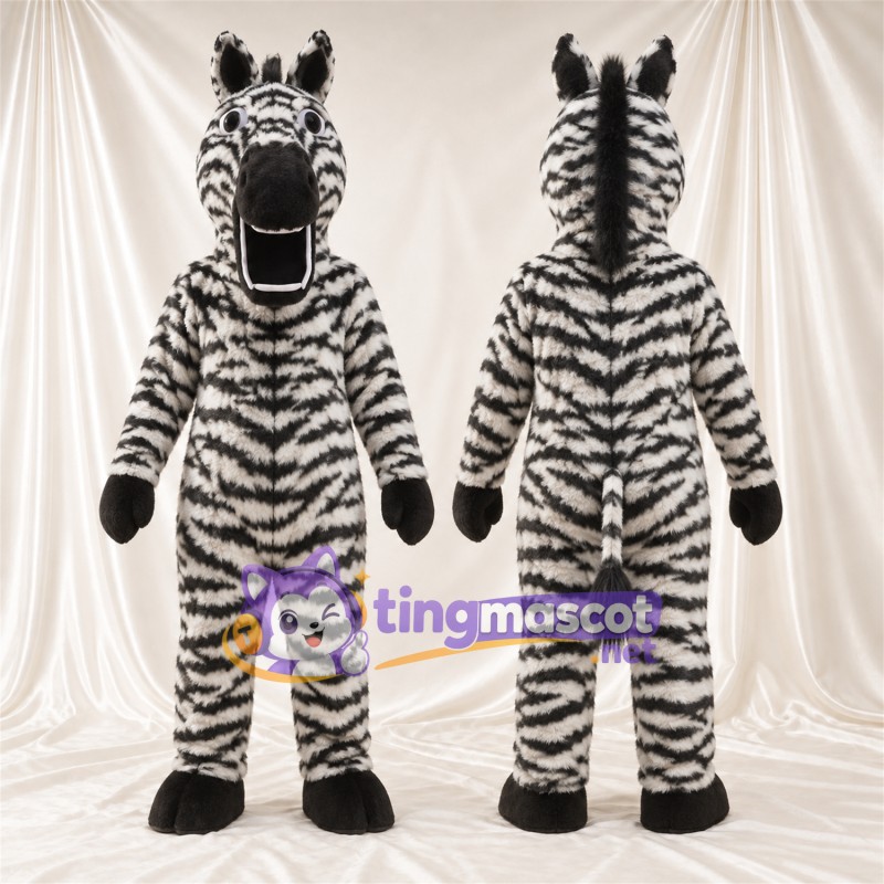 Black and White Zebra Mascot Costume - Shaggy Fur and Large Open Mouth