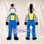 Black and White Zebra Mascot Costume - Blue Overalls and Yellow Shirt