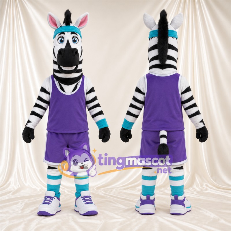 Black and White Zebra Mascot Costume - Purple Sports Outfit