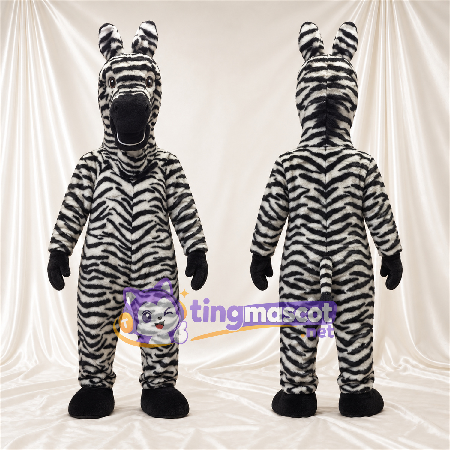 Black and White Zebra Mascot Costume - Shaggy Fur and Black Muzzle Black and White Zebra Mascot Costume - Shaggy Fur and Black Muzzle
