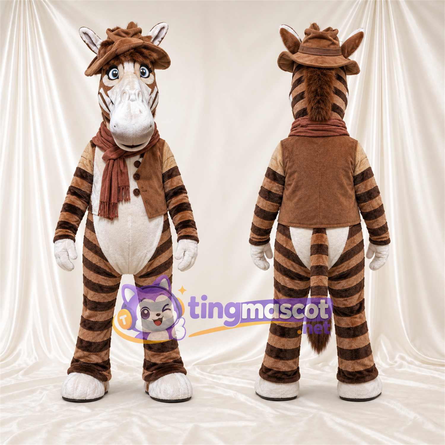 Costume de mascotte Zèbre – marron / noir – Chapeau (marron); Gilet Costume de mascotte Zèbre – marron / noir – Chapeau (marron); Gilet