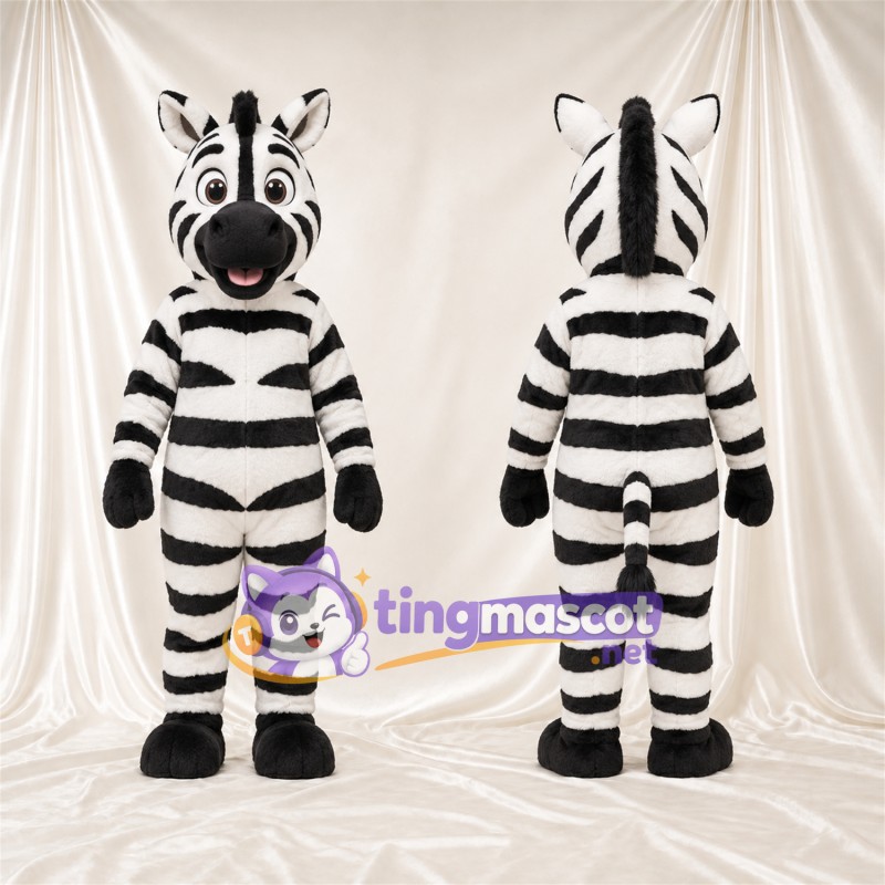 Maskottchenkostüm Zebra – schwarz / weiß – Breite Streifen; Zunge (rosa)
