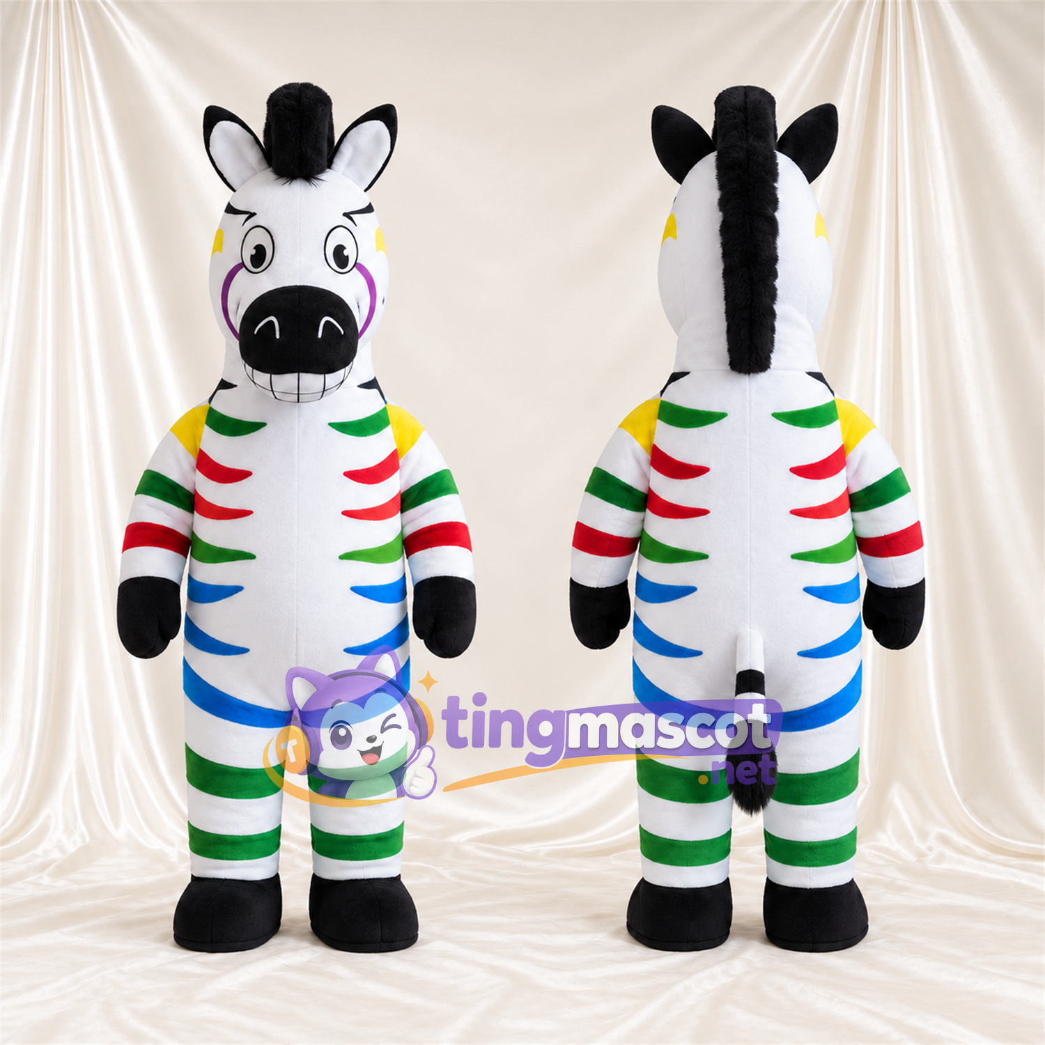 Costume de mascotte Zèbre – multicolore – Sabots (noir); Larges rayures Costume de mascotte Zèbre – multicolore – Sabots (noir); Larges rayures