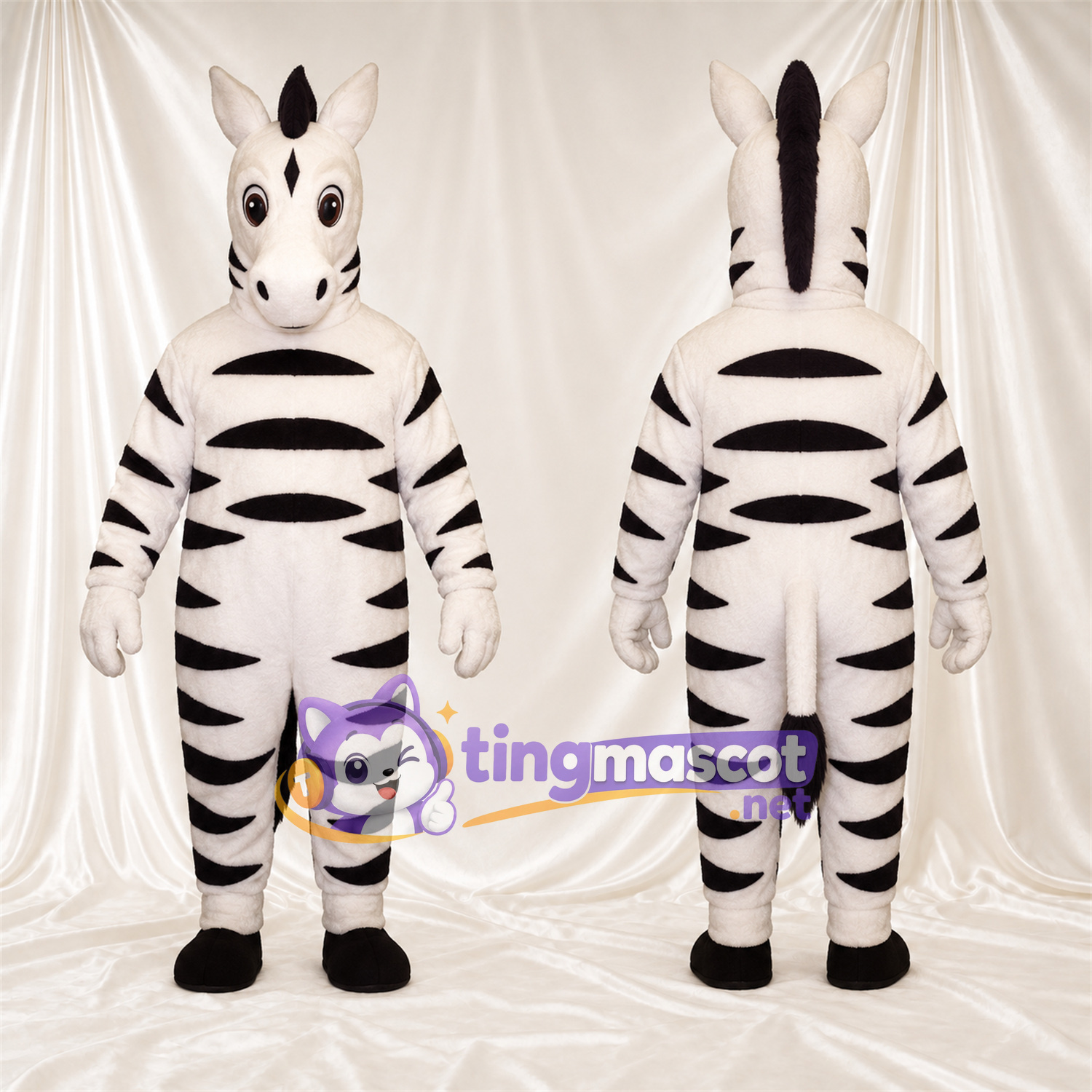 Maskottchenkostüm Zebra – schwarz / weiß – Breite Streifen; Handschuhe (weiß) Maskottchenkostüm Zebra – schwarz / weiß – Breite Streifen; Handschuhe (weiß)