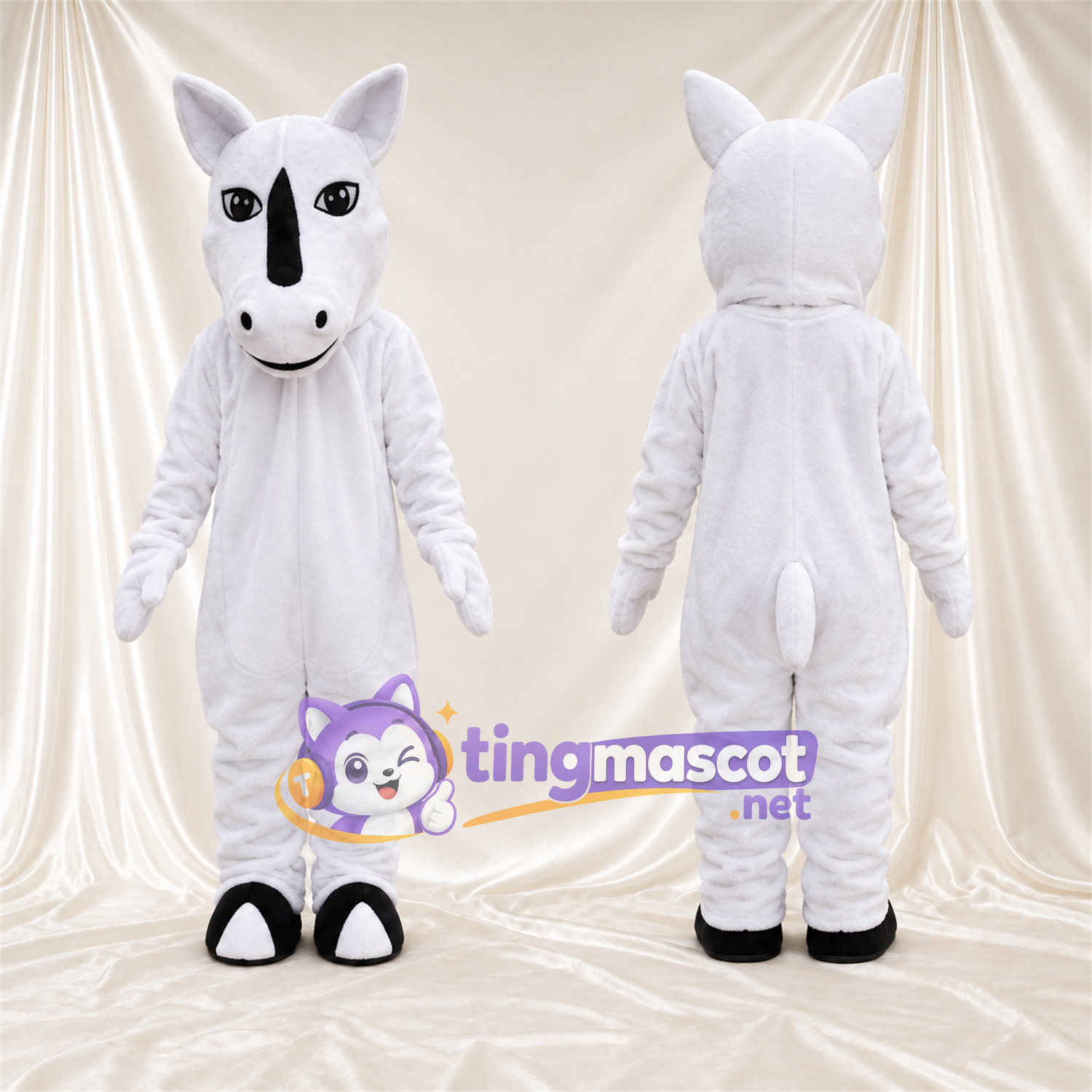 Costume de mascotte Rhinocéros – blanc – Corne (noir); Mains (blanc) Costume de mascotte Rhinocéros – blanc – Corne (noir); Mains (blanc)