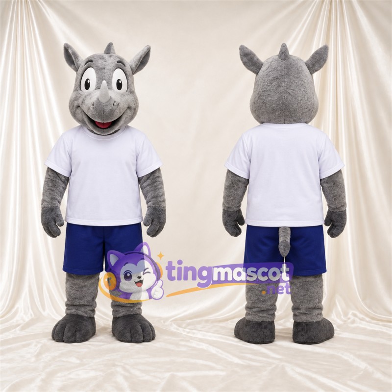Costume de mascotte Rhinocéros – gris – Chemise (blanc); Short (bleu)