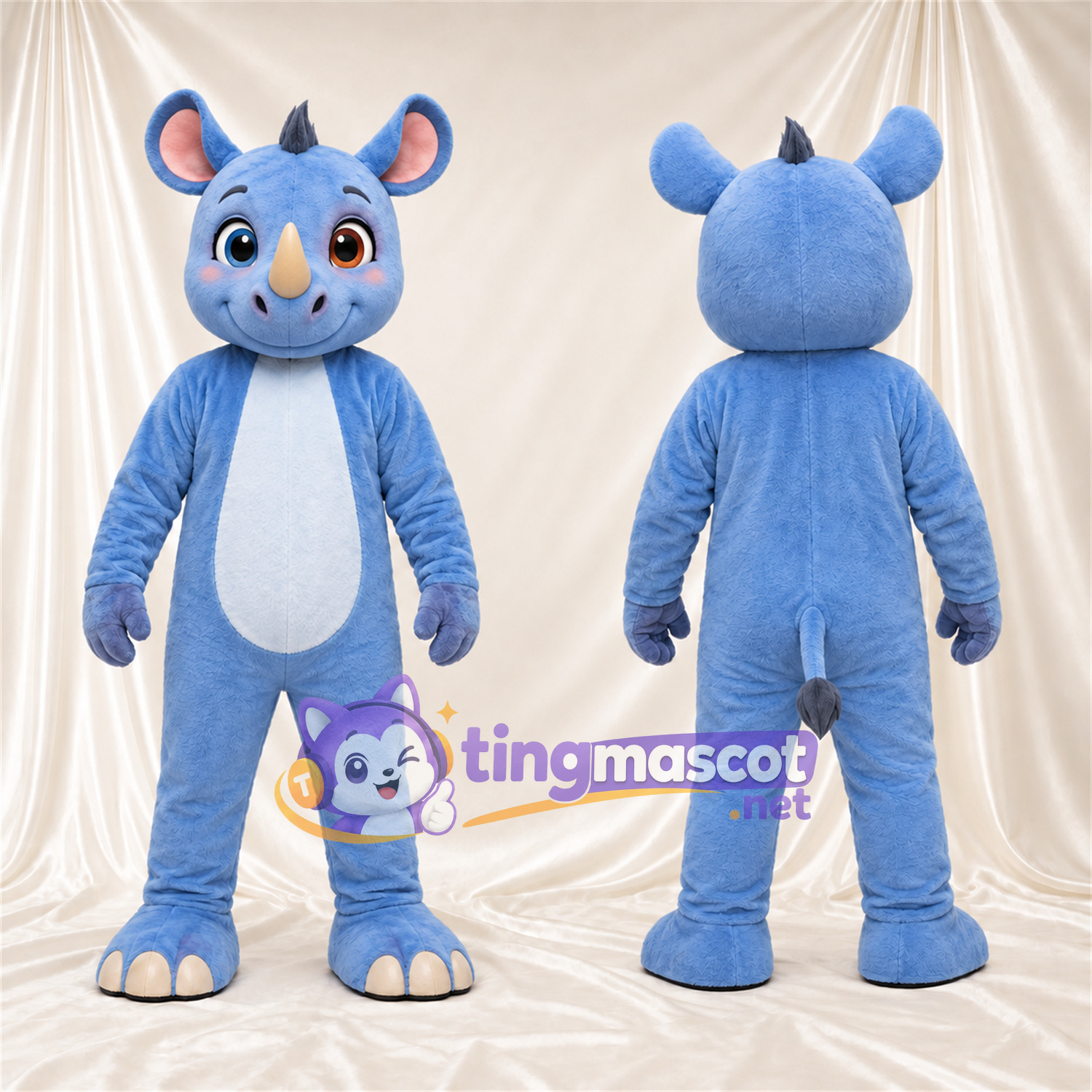 Blue Rhinoceros Mascot Costume - Pink Inner Ears and Cream Toe Tips Blue Rhinoceros Mascot Costume - Pink Inner Ears and Cream Toe Tips