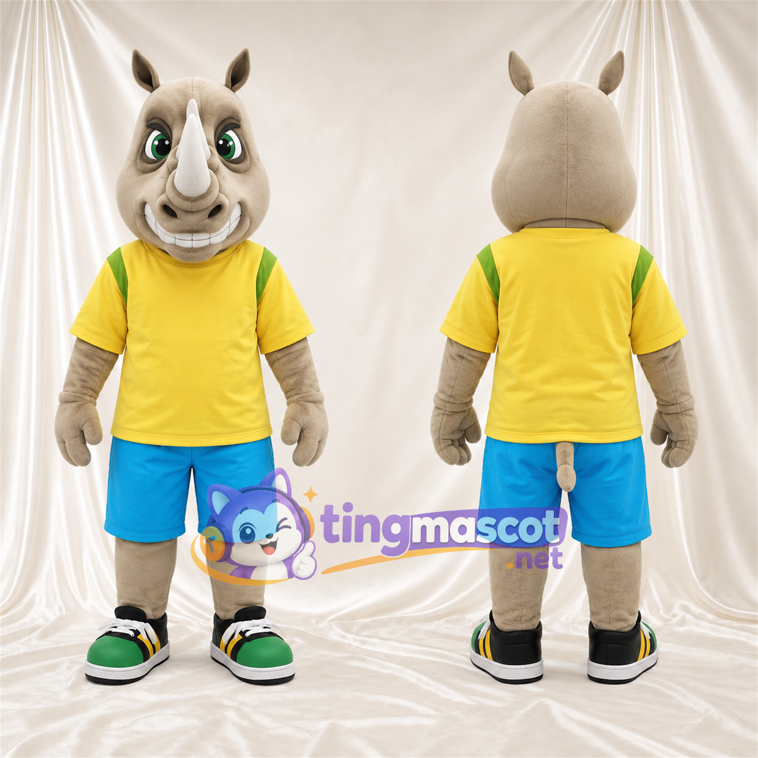 Costume de mascotte Rhinocéros – gris – Chemise (jaune); Short (bleu) Costume de mascotte Rhinocéros – gris – Chemise (jaune); Short (bleu)