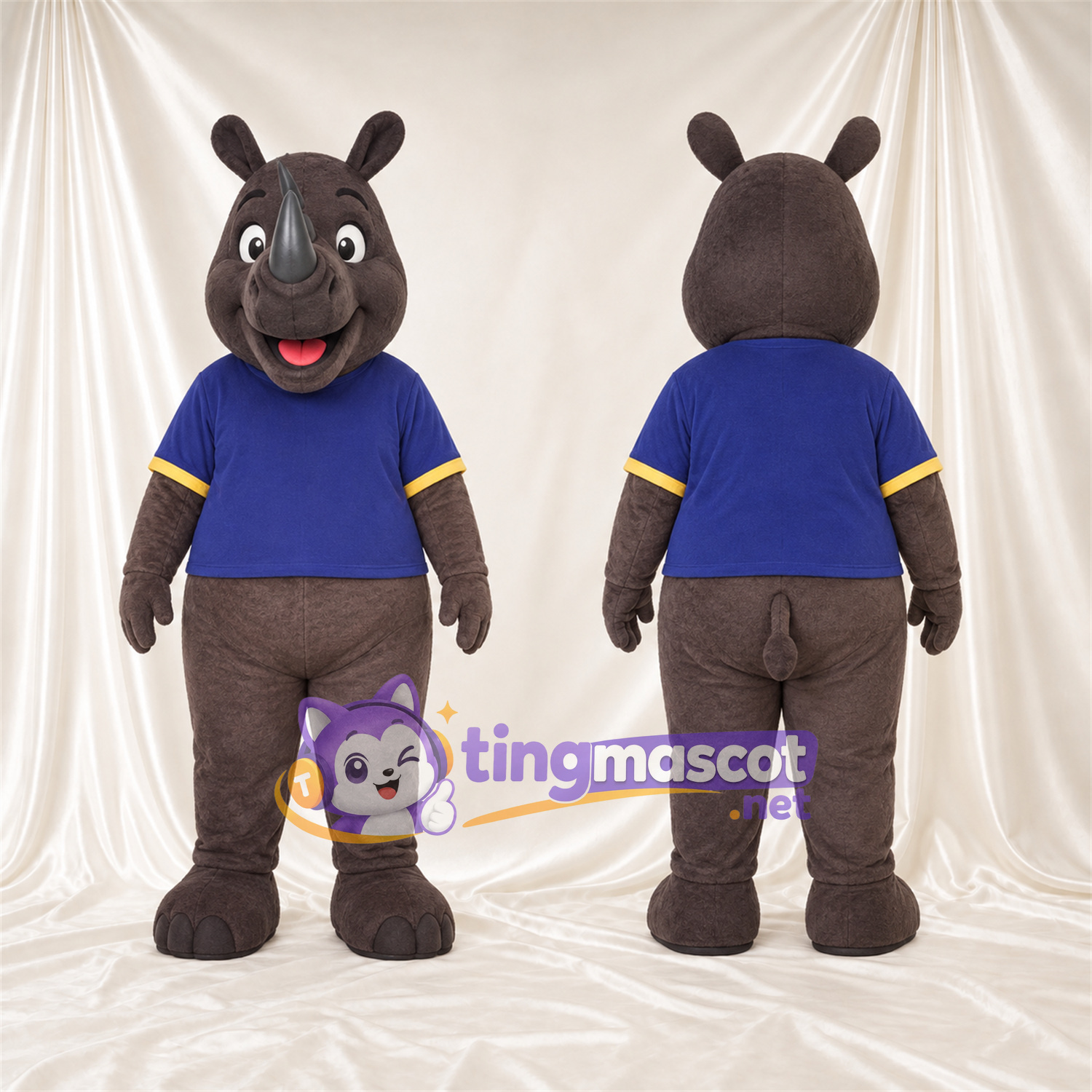 Brown Rhinoceros Mascot Costume - Blue Shirt Brown Rhinoceros Mascot Costume - Blue Shirt