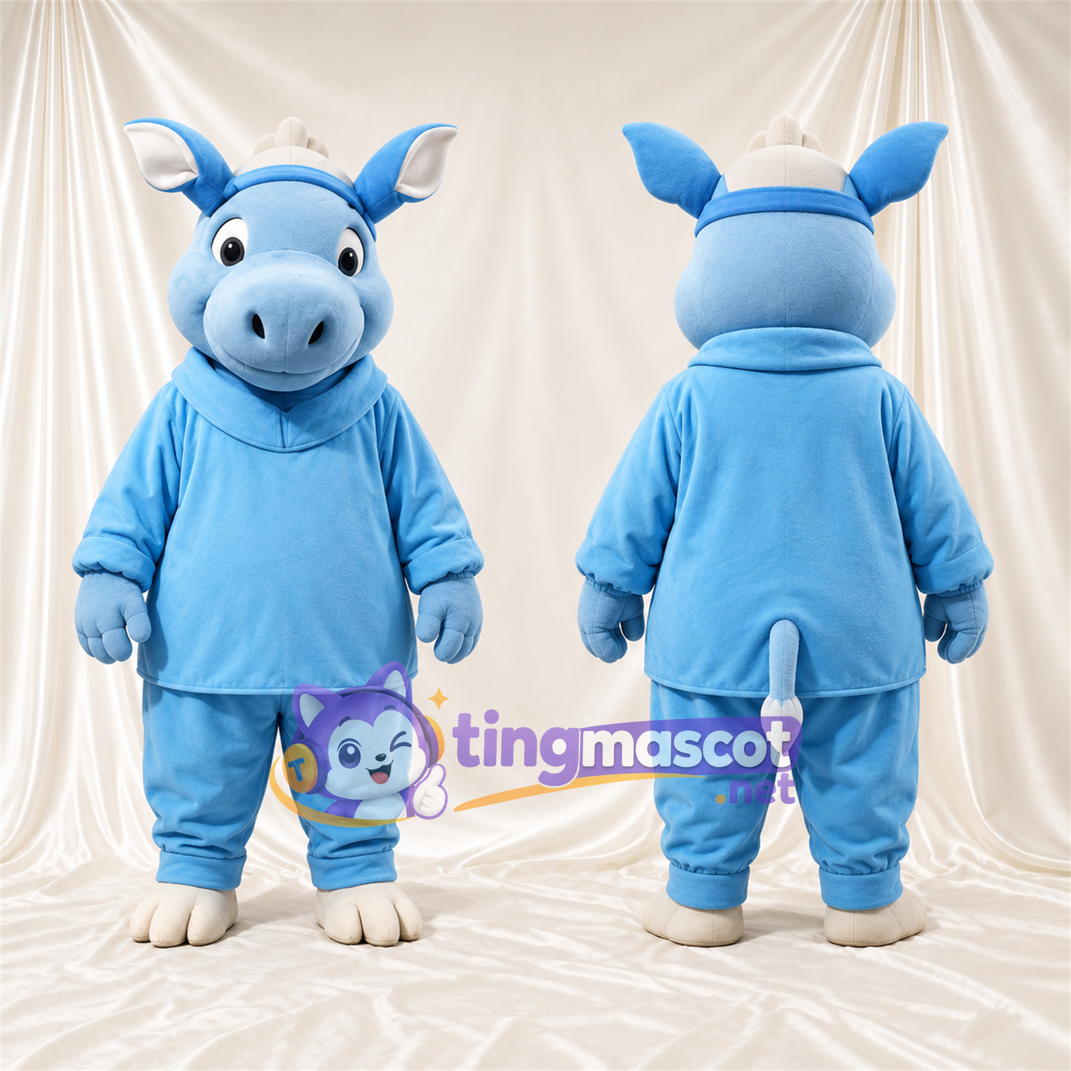 Blue Rhinoceros Mascot Costume - Blue Outfit, Cream Feet and White Nose Horn Blue Rhinoceros Mascot Costume - Blue Outfit, Cream Feet and White Nose Horn