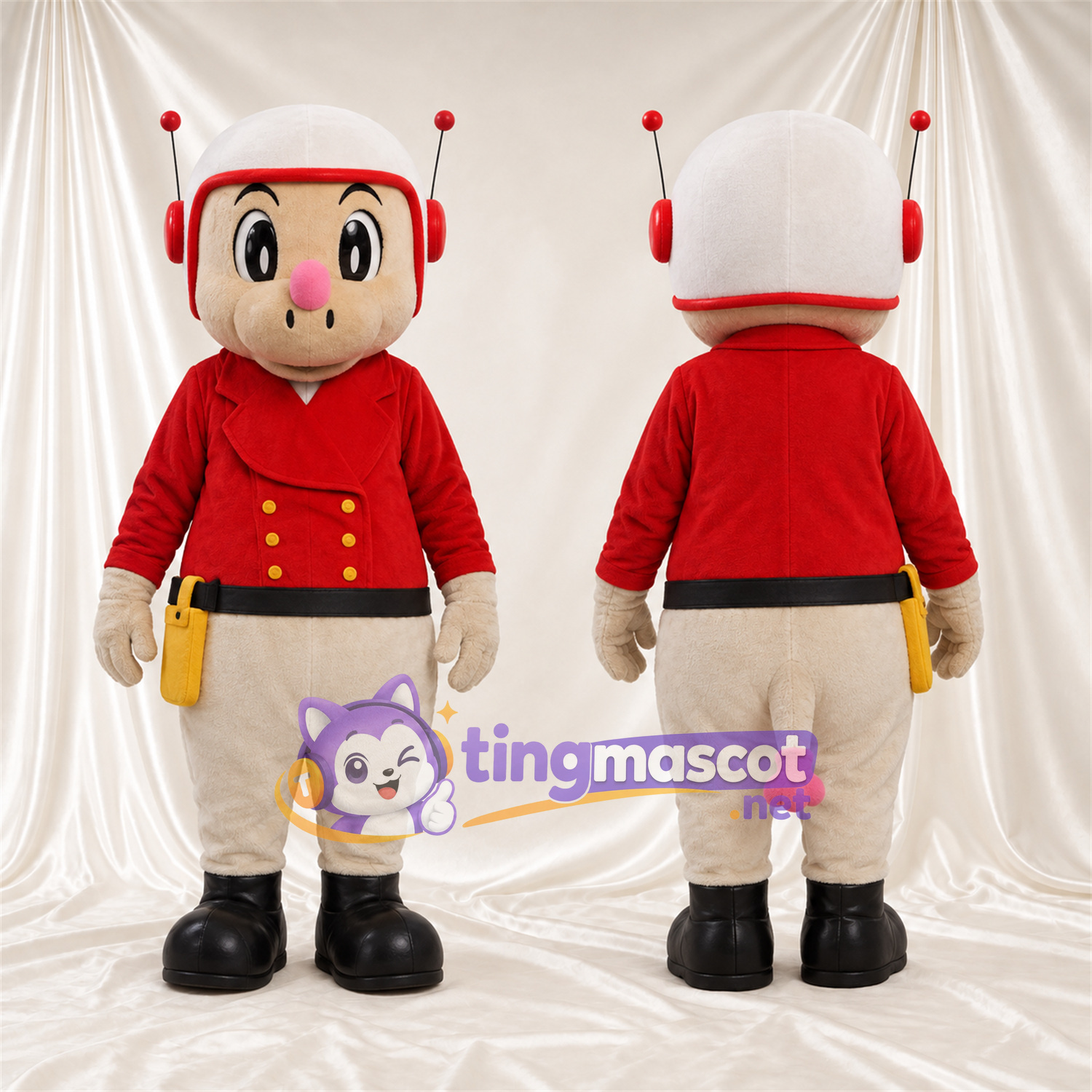 Red and White Astronaut Character Mascot Costume - Antenna Helmet and Utility Belt Red and White Astronaut Character Mascot Costume - Antenna Helmet and Utility Belt
