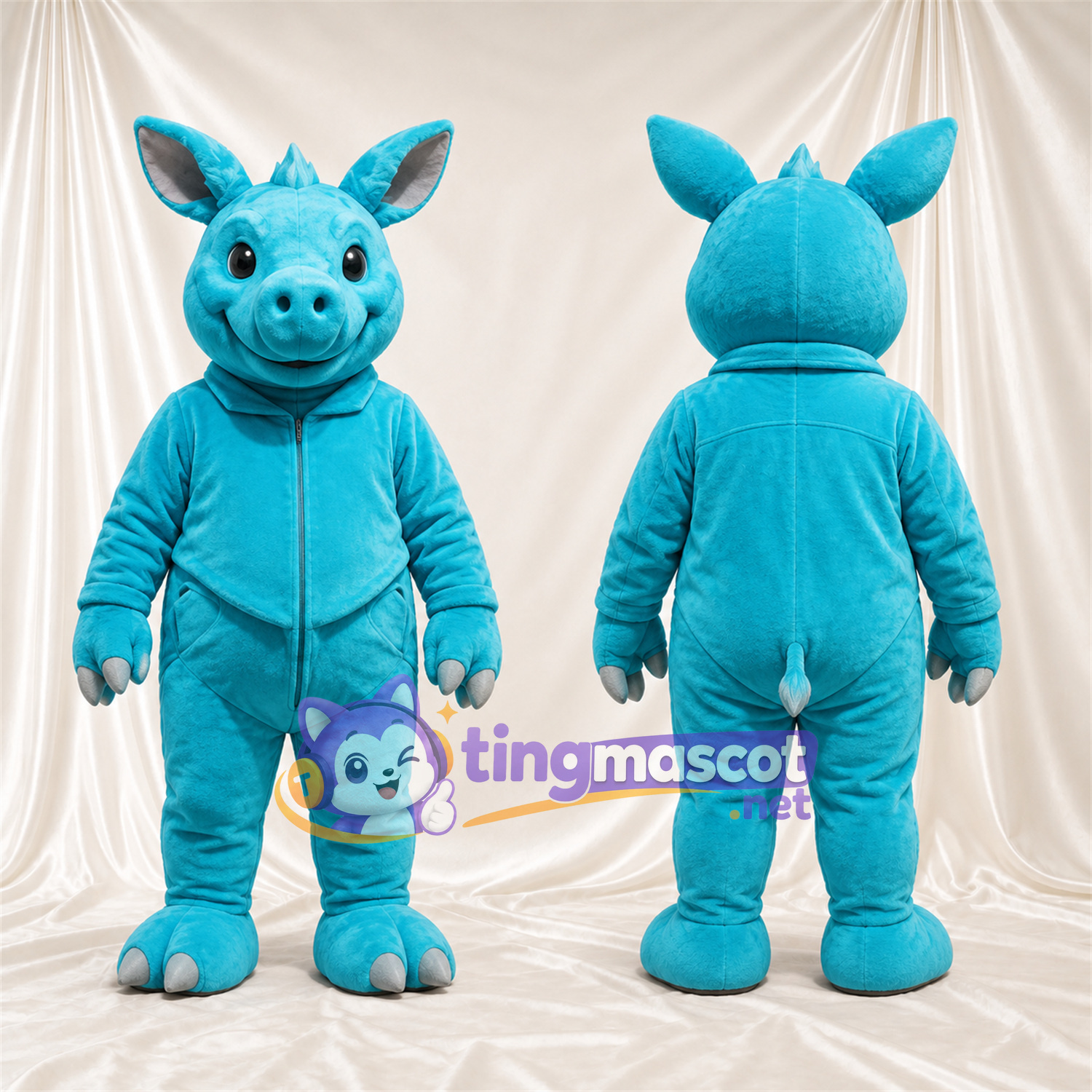 Blue Rhinoceros Mascot Costume - Blue Outfit, Gray Hands and Feet and Gray Nose Horn Blue Rhinoceros Mascot Costume - Blue Outfit, Gray Hands and Feet and Gray Nose Horn