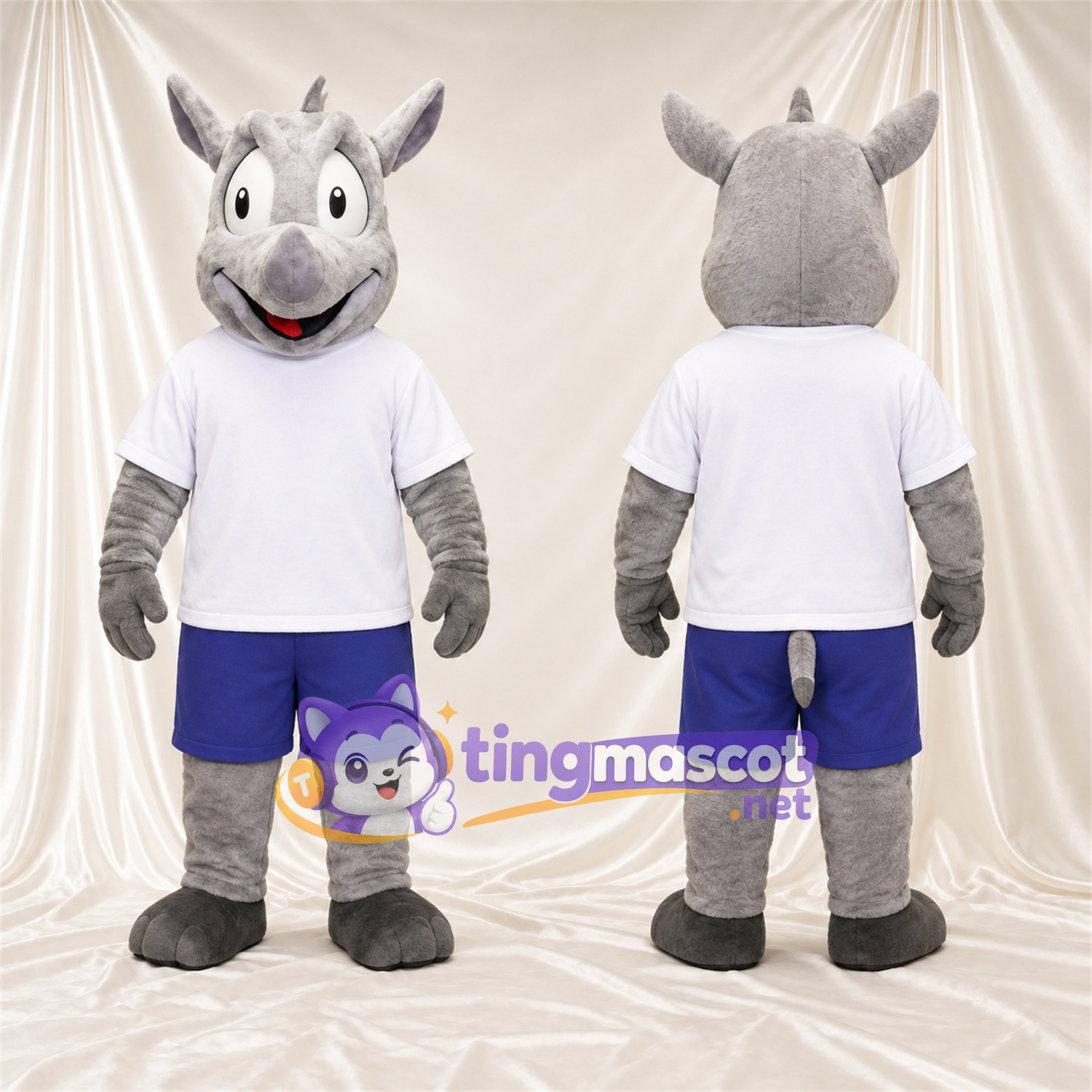 Costume de mascotte Rhinocéros – gris – Chemise (blanc); Short (bleu) Costume de mascotte Rhinocéros – gris – Chemise (blanc); Short (bleu)