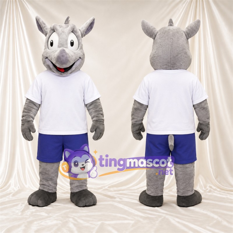 Costume de mascotte Rhinocéros – gris – Chemise (blanc); Short (bleu)