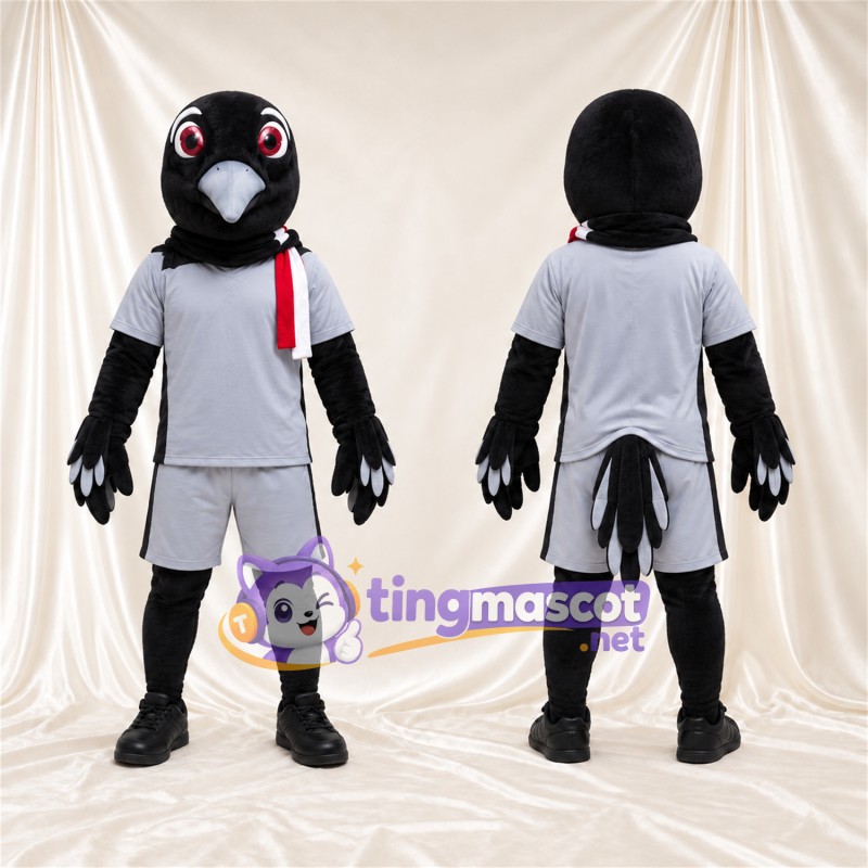 Black Bird Mascot Costume - Gray Outfit and Red Scarf