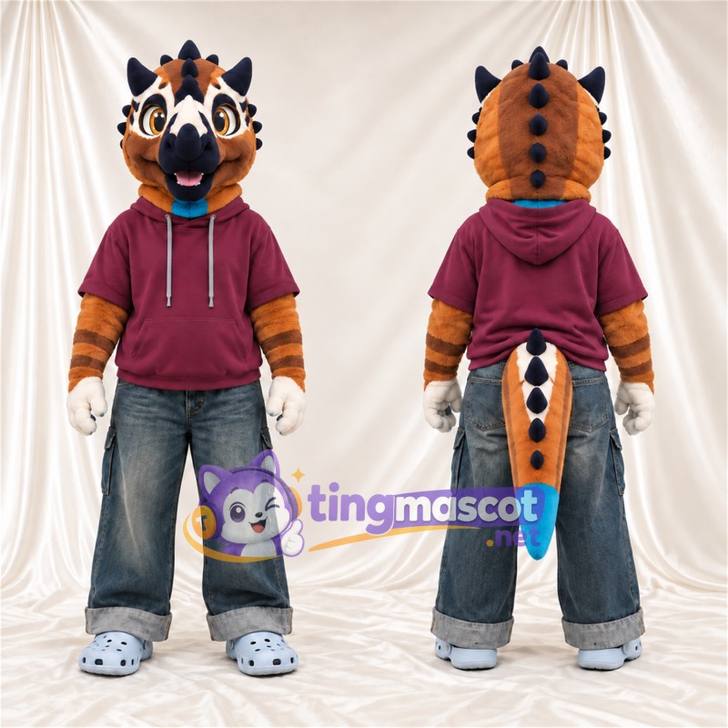 Costume de mascotte Dragon – orange – Sweat à capuche (violet); Bout de la queue (bleu)