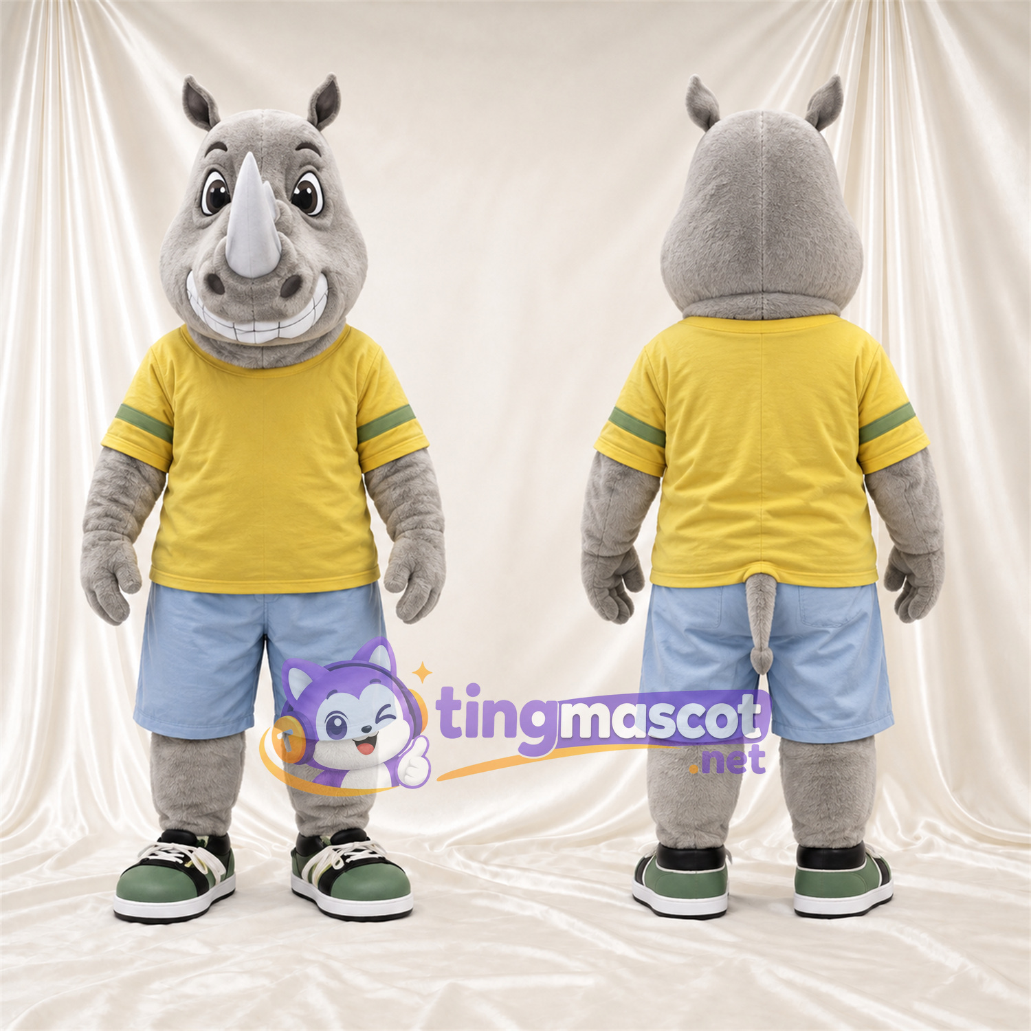 Costume de mascotte Rhinocéros – gris – Chemise (jaune); Short (bleu) Costume de mascotte Rhinocéros – gris – Chemise (jaune); Short (bleu)