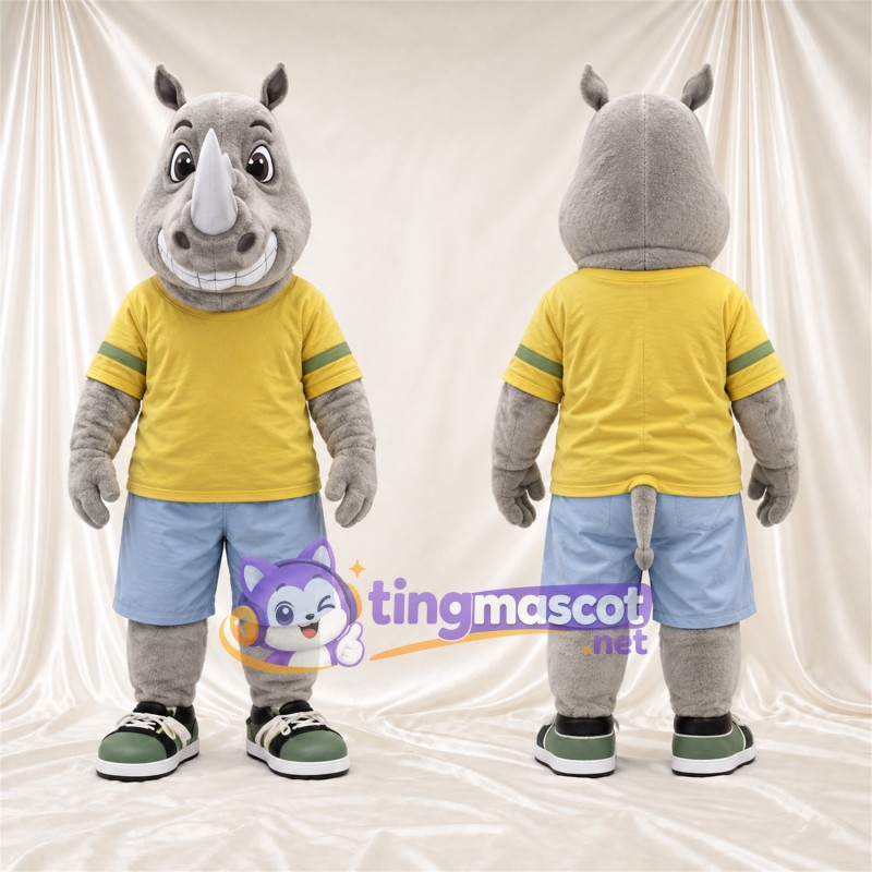 Costume de mascotte Rhinocéros – gris – Chemise (jaune); Short (bleu)