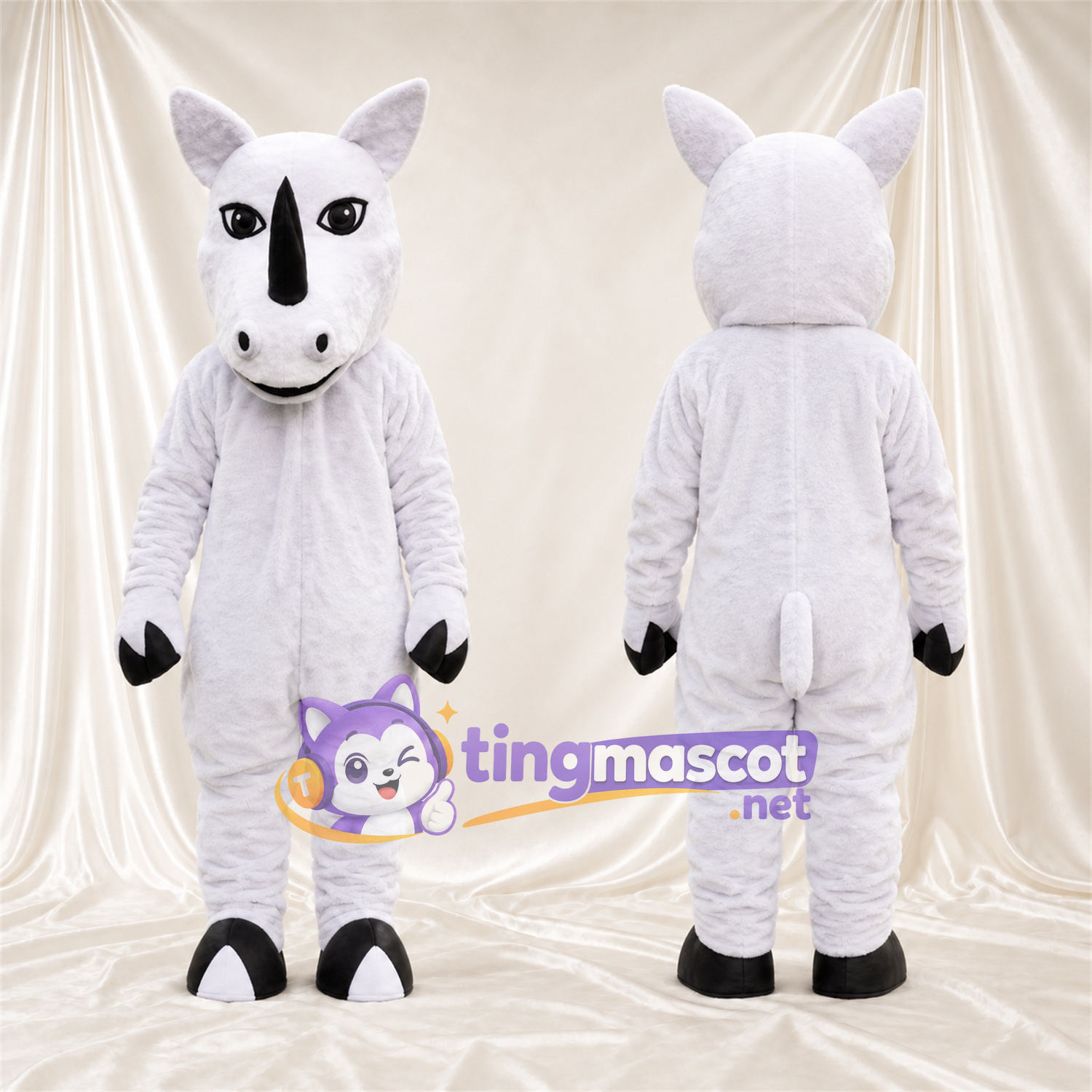 Costume de mascotte Rhinocéros – blanc – Corne (noir); Gants (noir) Costume de mascotte Rhinocéros – blanc – Corne (noir); Gants (noir)