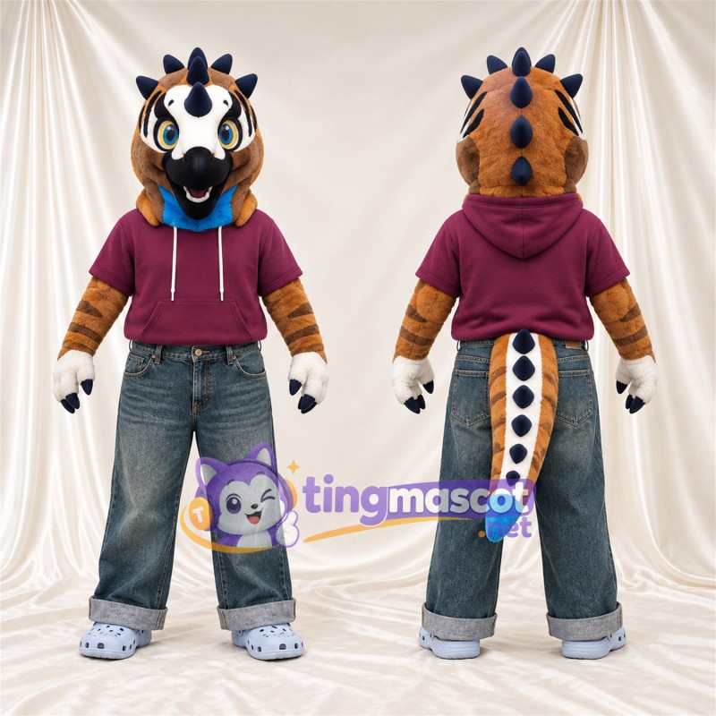 Costume de mascotte Dragon – orange – Sweat à capuche (violet); Bout de la queue (bleu)