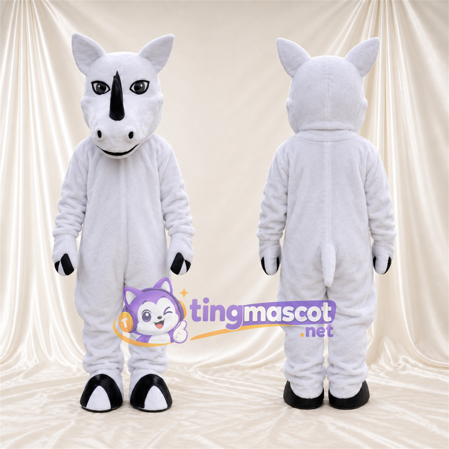 Costume de mascotte Rhinocéros – blanc – Corne (noir); Gants (gris) Costume de mascotte Rhinocéros – blanc – Corne (noir); Gants (gris)