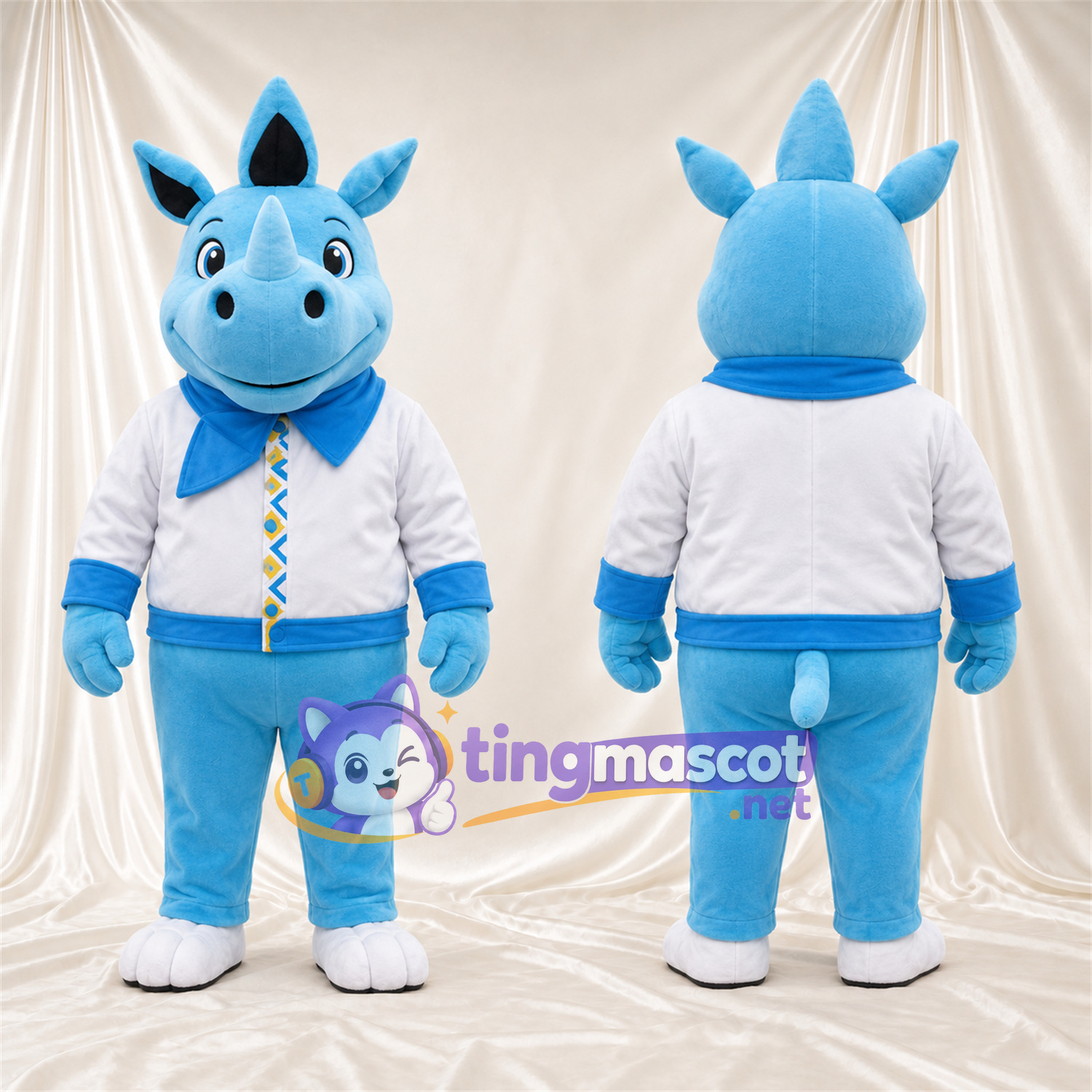 Blue Rhinoceros Mascot Costume - White Shirt Blue Rhinoceros Mascot Costume - White Shirt