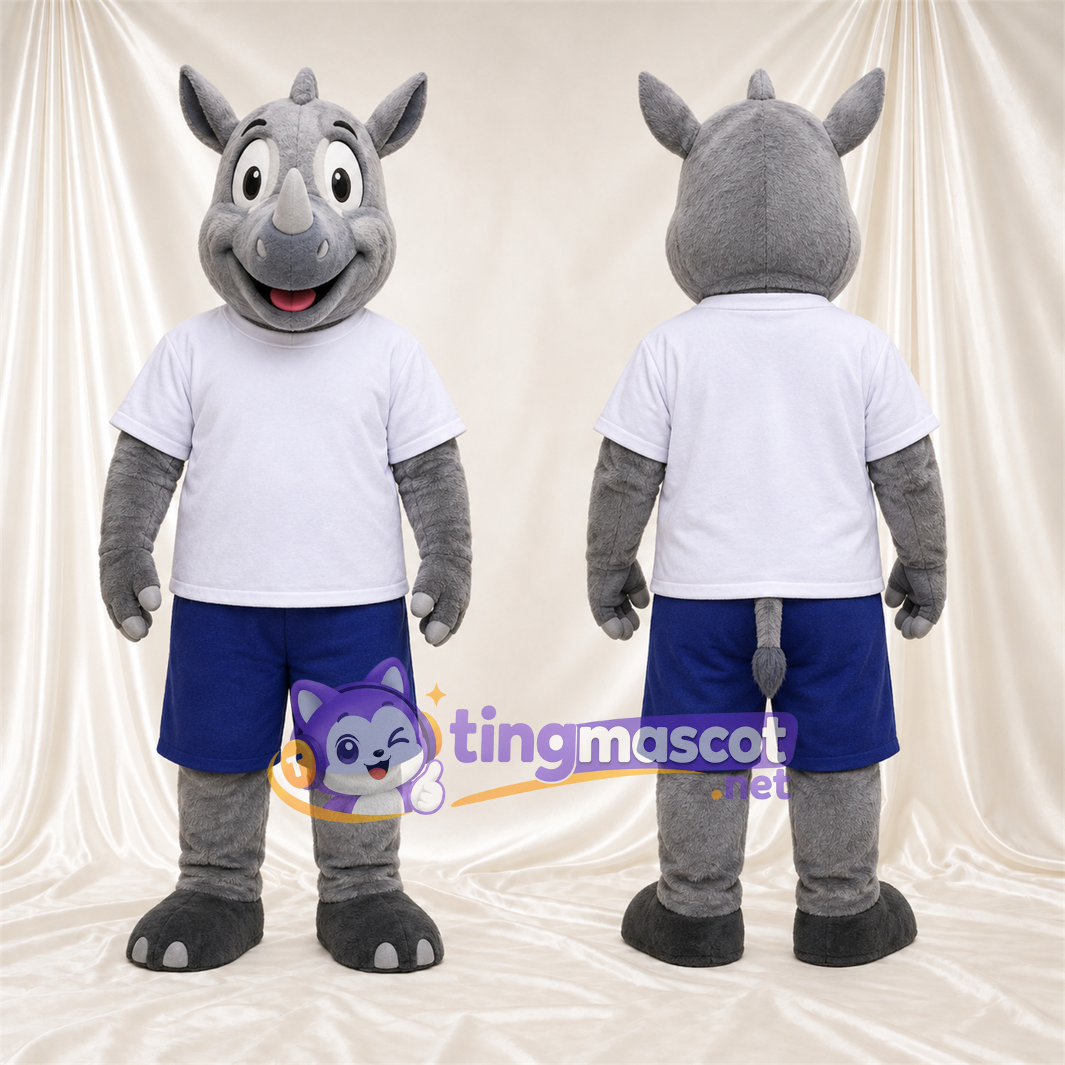 Costume de mascotte Rhinocéros – gris – Chemise (blanc); Short (bleu) Costume de mascotte Rhinocéros – gris – Chemise (blanc); Short (bleu)