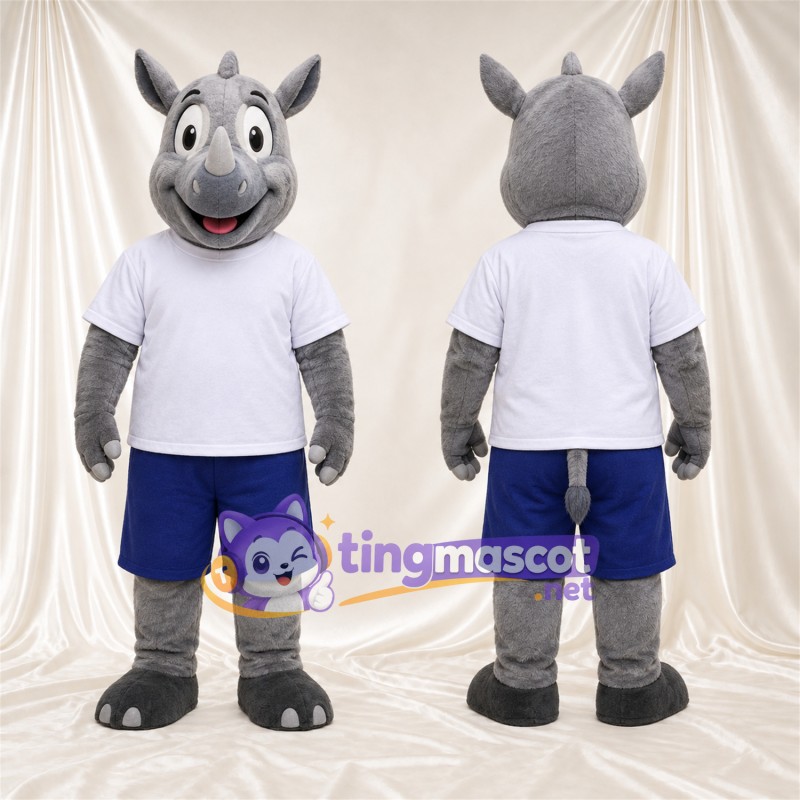 Costume de mascotte Rhinocéros – gris – Chemise (blanc); Short (bleu)