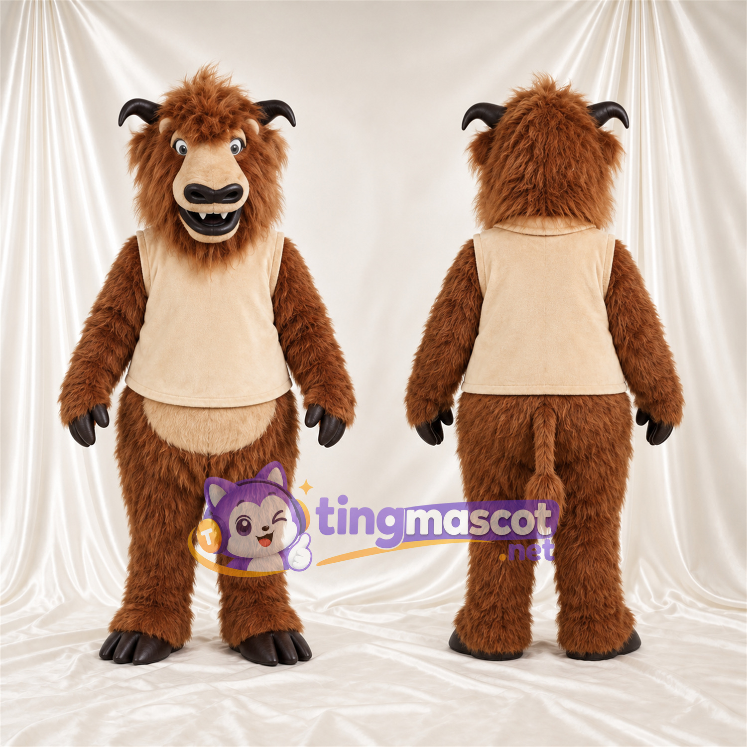 Costume de mascotte Bison – marron – Gilet (crème); Crinière (marron) Costume de mascotte Bison – marron – Gilet (crème); Crinière (marron)