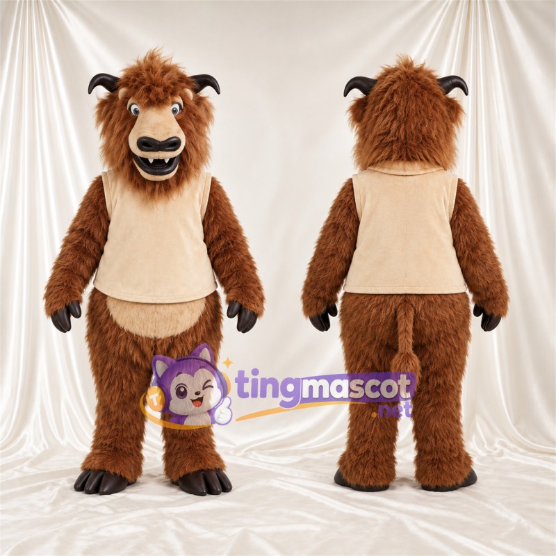 Costume de mascotte Bison – marron – Gilet (crème); Crinière (marron)