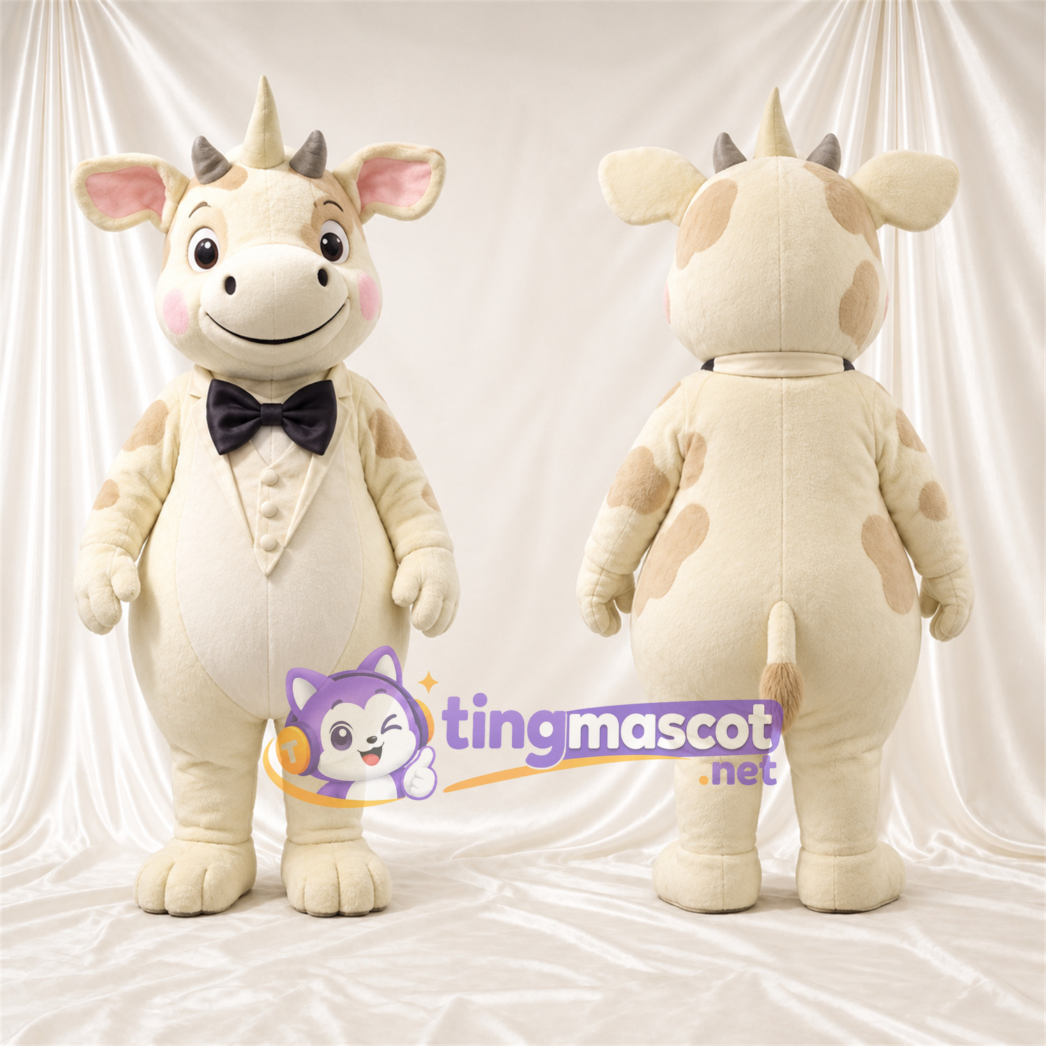 Cream Fantasy Creature Mascot Costume - Three Horns and Black Bow Tie Cream Fantasy Creature Mascot Costume - Three Horns and Black Bow Tie