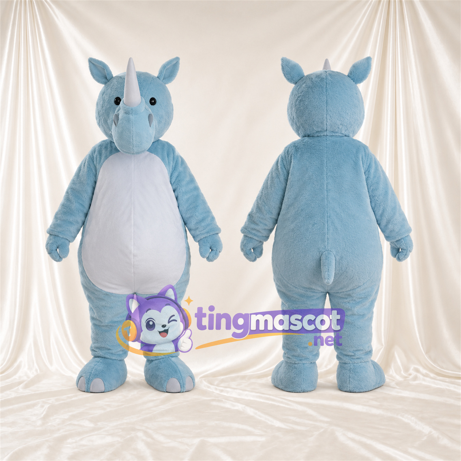 Blue Rhinoceros Mascot Costume - White Belly, White Nose Horn and Shaggy Fur Blue Rhinoceros Mascot Costume - White Belly, White Nose Horn and Shaggy Fur