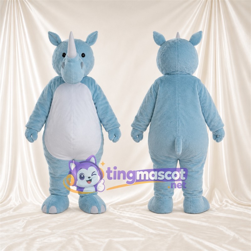 Blue Rhinoceros Mascot Costume - White Belly, White Nose Horn and Shaggy Fur