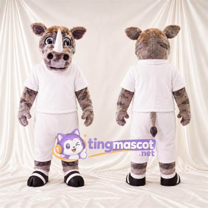 Brown and White Rhinoceros Mascot Costume - White Outfit