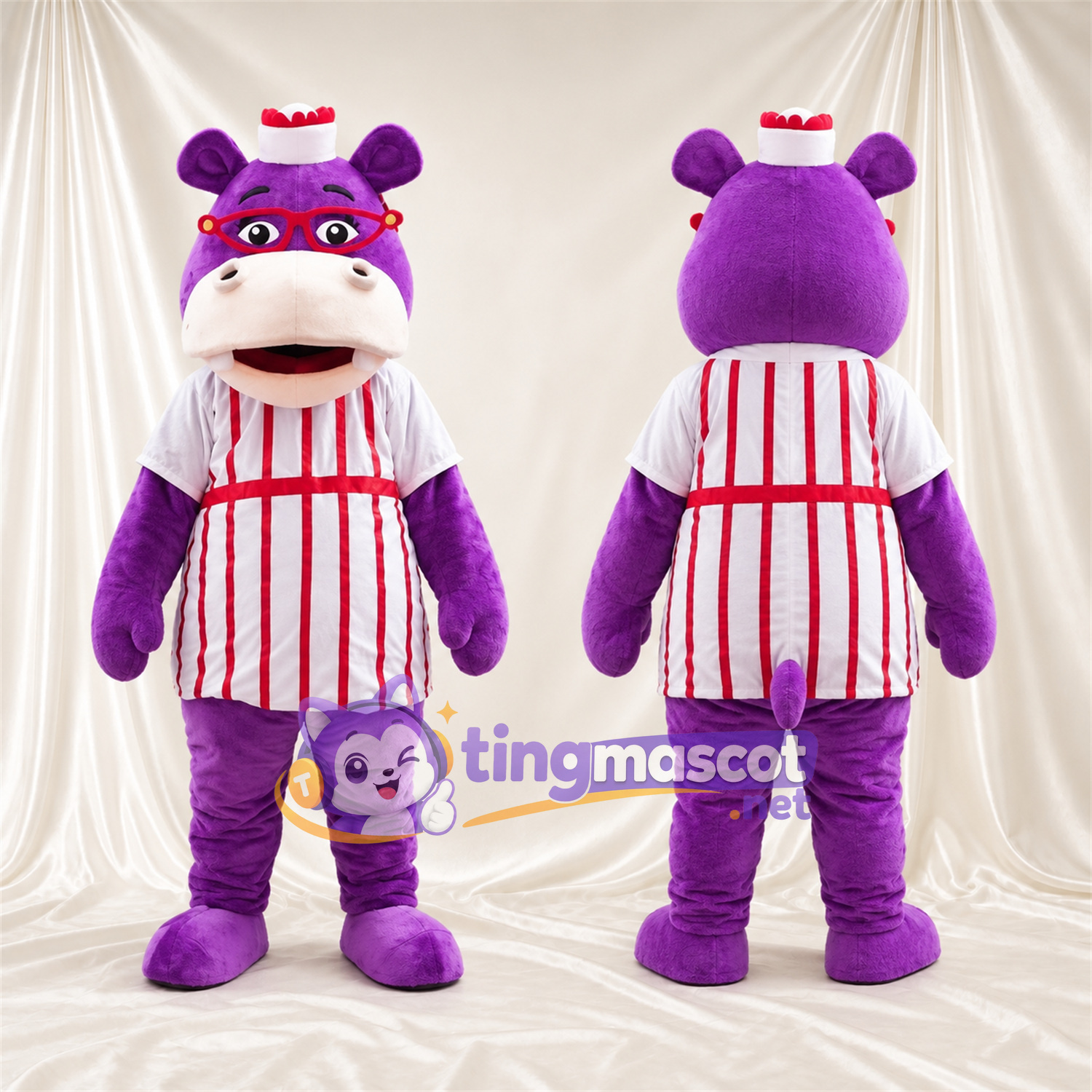 Costume de mascotte Hippopotame – violet – Tablier Costume de mascotte Hippopotame – violet – Tablier