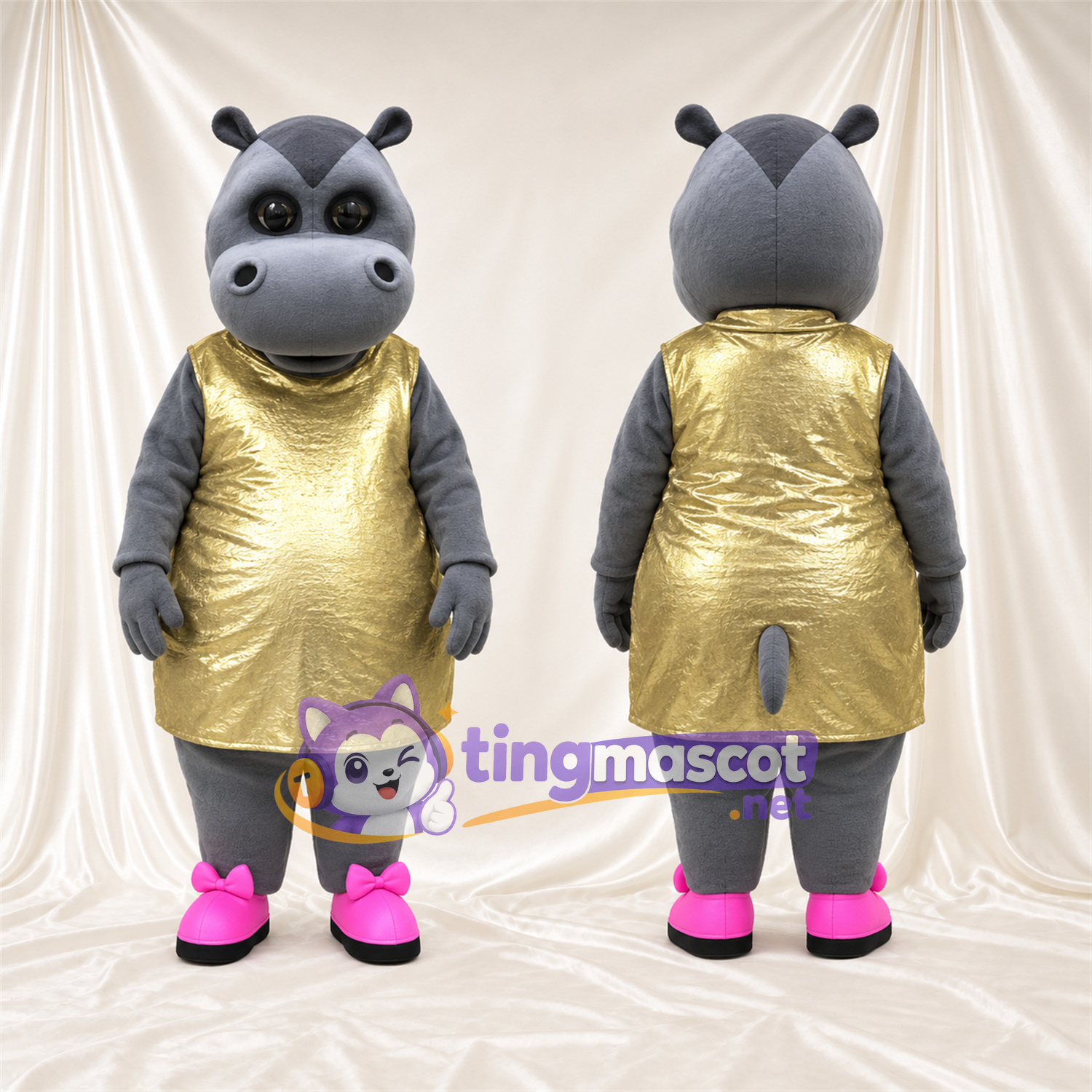 Costume de mascotte Hippopotame – gris – Robe (doré) Costume de mascotte Hippopotame – gris – Robe (doré)