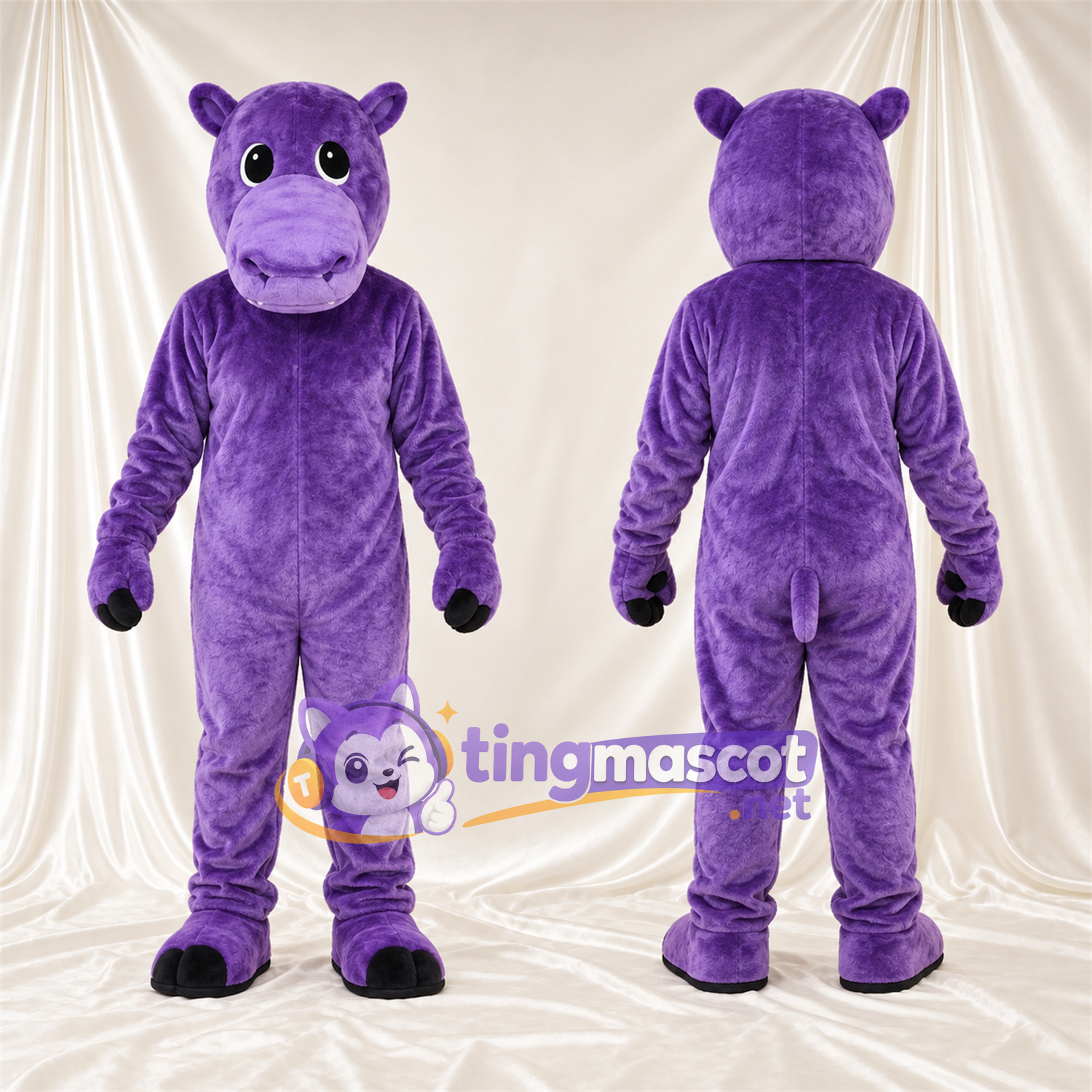 Costume de mascotte Hippopotame – violet – Petites oreilles rondes; Pieds (noir) Costume de mascotte Hippopotame – violet – Petites oreilles rondes; Pieds (noir)