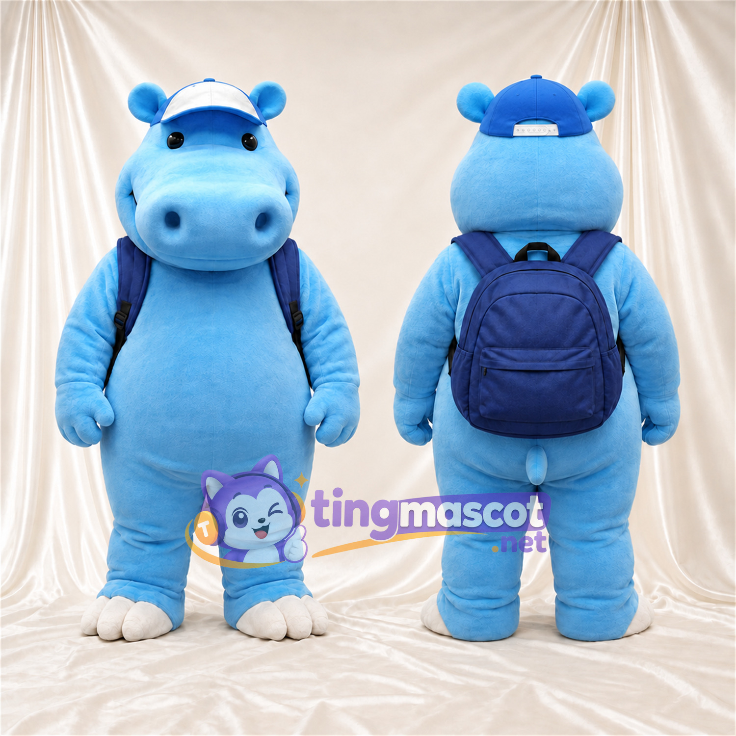 Blue Hippopotamus Mascot Costume - Blue Cap and Backpack Blue Hippopotamus Mascot Costume - Blue Cap and Backpack