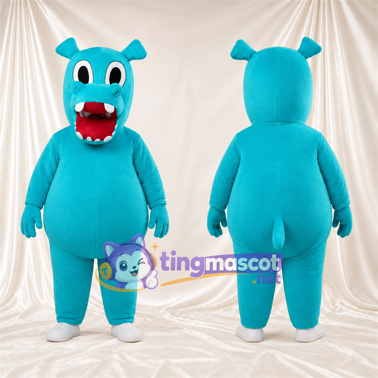 Costume de mascotte Hippopotame – bleu – Pieds (blanc); Bouche ouverte Costume de mascotte Hippopotame – bleu – Pieds (blanc); Bouche ouverte