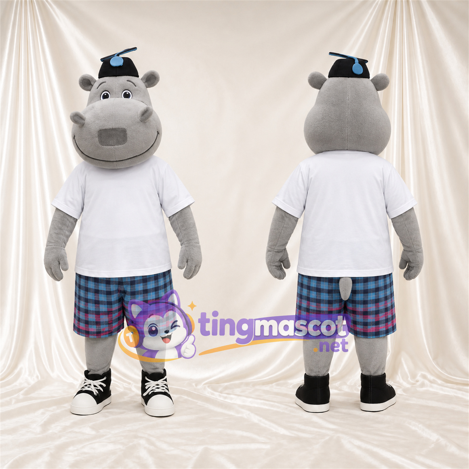 Costume de mascotte Hippopotame – gris – Chemise (blanc); Short Costume de mascotte Hippopotame – gris – Chemise (blanc); Short