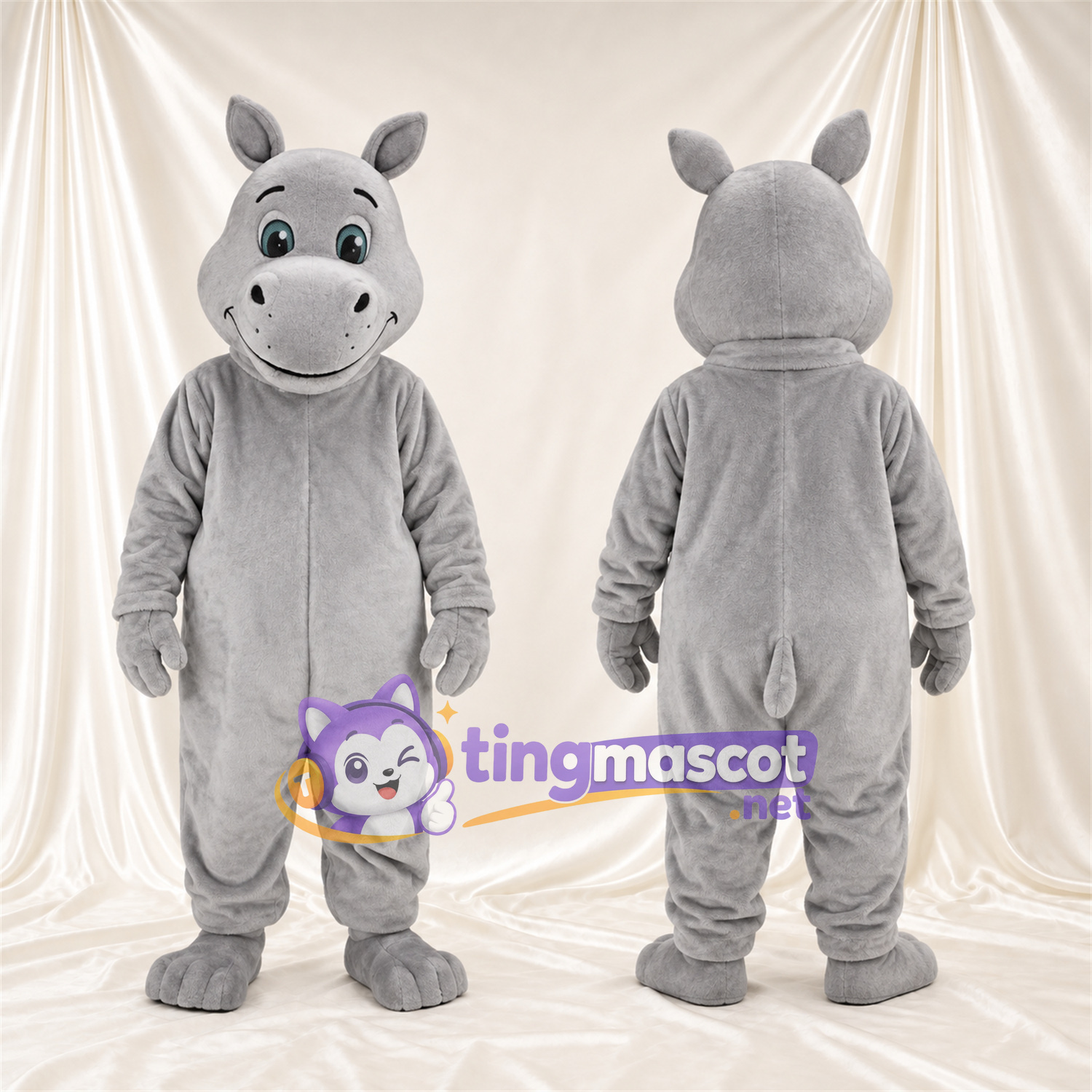 Costume de mascotte Hippopotame – gris – Visage souriant; Yeux (vert) Costume de mascotte Hippopotame – gris – Visage souriant; Yeux (vert)