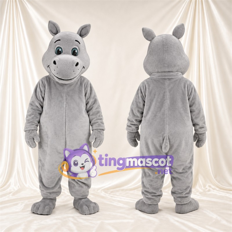 Costume de mascotte Hippopotame – gris – Visage souriant; Yeux (vert)