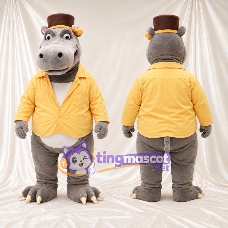 Costume de mascotte Hippopotame – gris – Chemise (jaune); Haut-de-forme