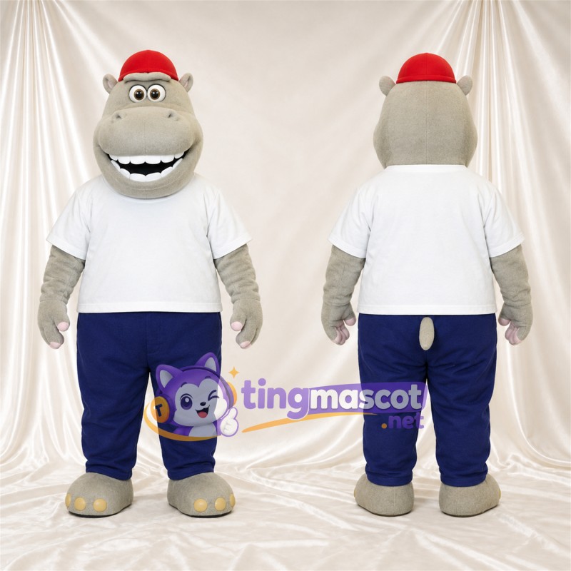 Costume de mascotte Hippopotame – gris – Chemise (blanc); Casquette (rouge)
