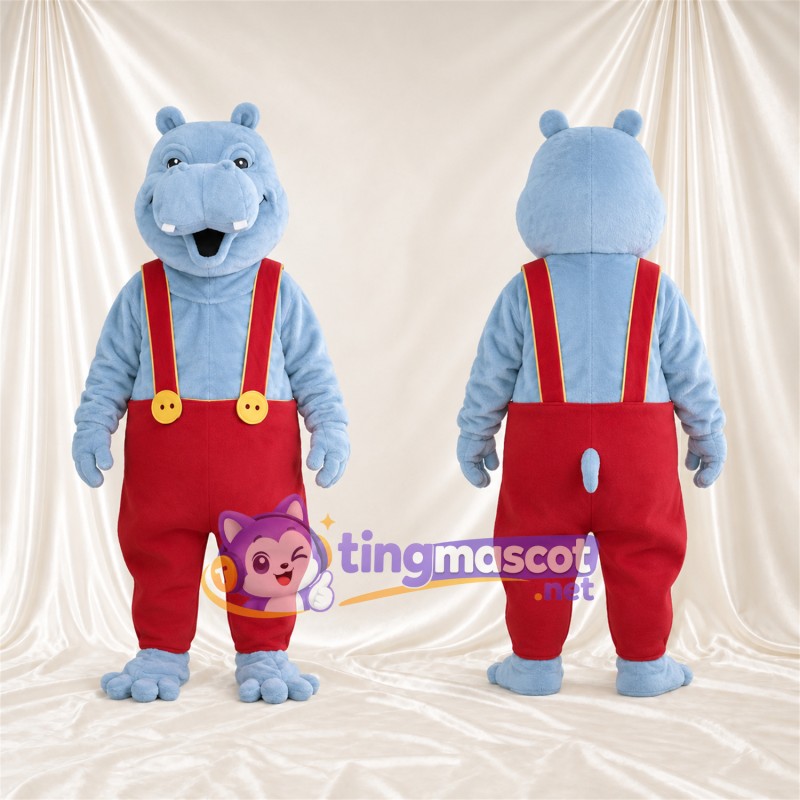 Blue Hippopotamus Mascot Costume - Red Overalls, Round Belly and Yellow Buttons