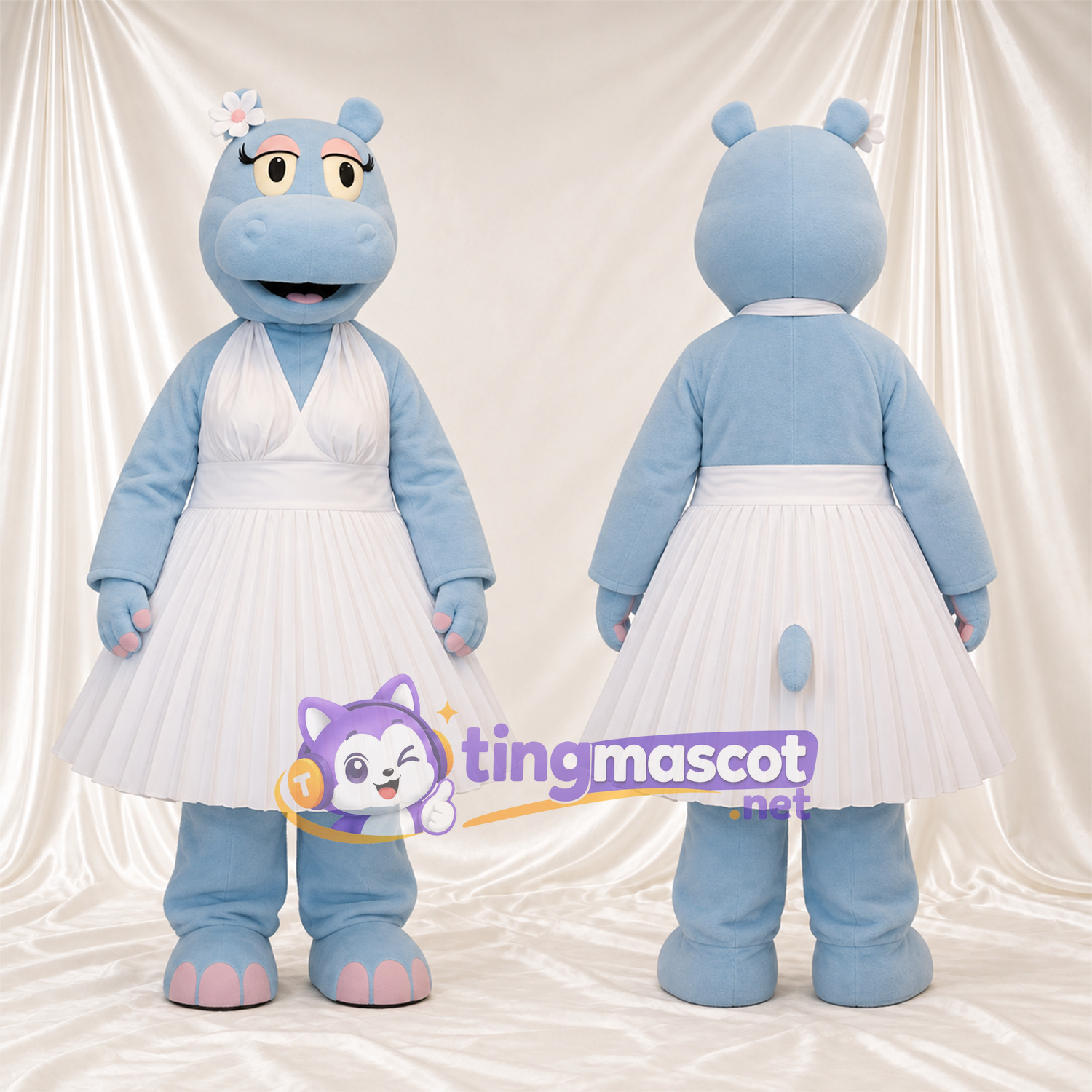 Costume de mascotte Hippopotame – bleu – Robe (blanc); Tête Costume de mascotte Hippopotame – bleu – Robe (blanc); Tête
